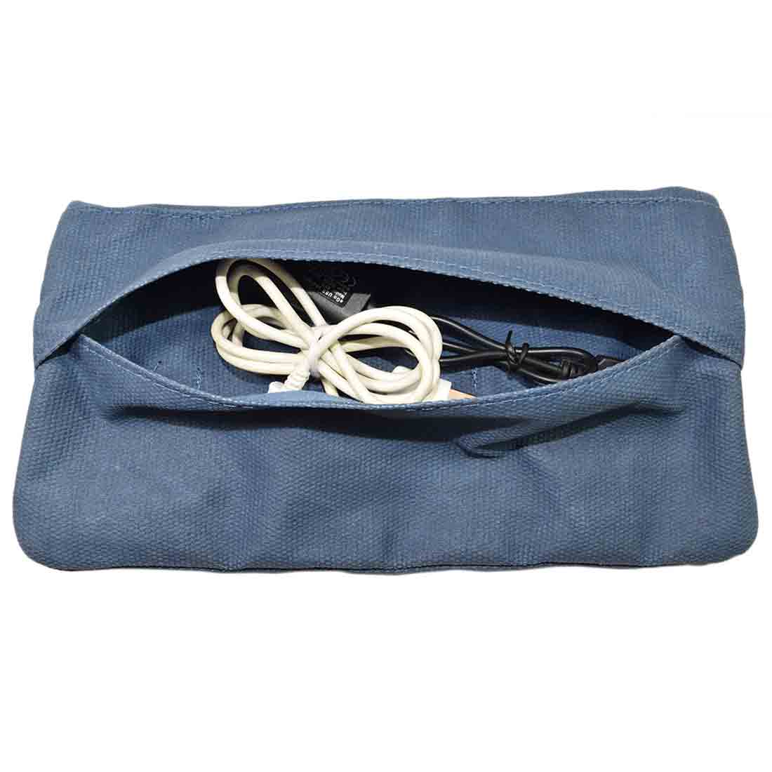 The interior of the blue Hide & Drink Vape Pen Case (Accessories not included) reveals storage for cables and vaping essentials. An excellent Pen Accessories Kit Pouch Holder designed for secure fit. G Pen Soft Travel Bag Handmade from Waxed Canvas, Full Grain Leather, StockyardX, Small Batch Production, Hand Cut, Hand Sewn, Fire Branded, Artisan, Handmade in La Antigua Guatemala & Oaxaca Mexico.