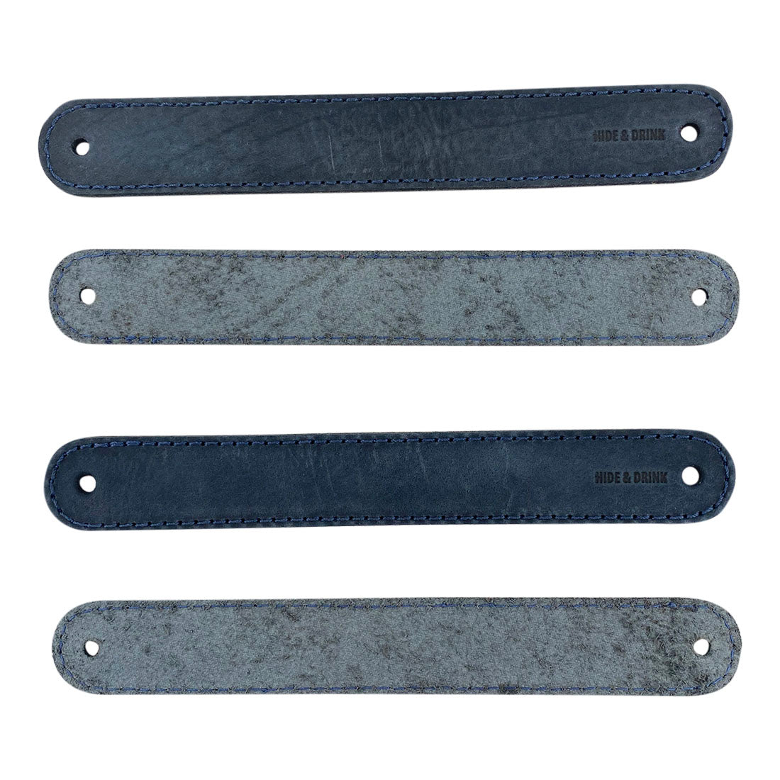 Hide & Drink Drawer Handles (4pk) revealing the intricate stitching on leather handles, combining durability and style. Easy to install, these artisan-made handles are perfect for DIY projects.