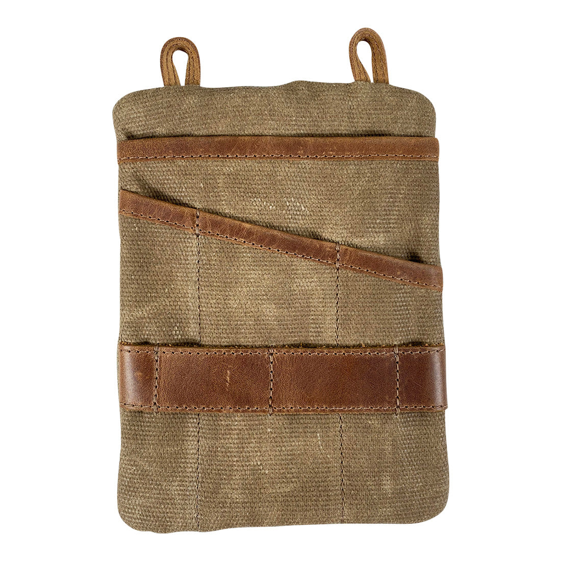 Back view of the Multi-tool Pocket Pouch - XL by Hide & Drink displaying multiple sleeve pockets for organizing tools and essentials, highlighting this handmade slim organizer crafted from waxed canvas. Multi-Tool Pocket Pouch XL, Compact Multipurpose EDC Zippered Bag, Knife Holster, Hand Cut, Hand Sewn, Artisan, Handmade in La Antigua Guatemala & Oaxaca Mexico.
