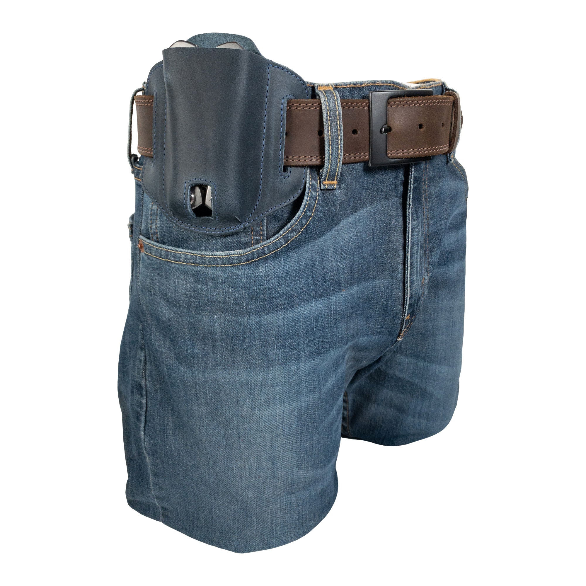 Navy Multitool Belt Sheath shown on a belt, demonstrating its function as a casual tool holster for waist. This exquisite piece from Hide & Drink is made from full grain leather, blending durability and style for everyday use.