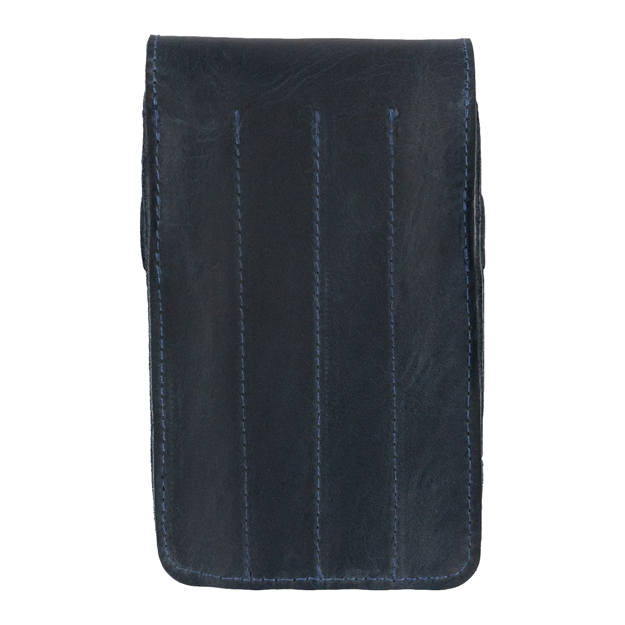 Open view of the Leather Worx 4-Pen Holder in navy blue leather, revealing storage for four writing instruments in a stylish layout. This handmade pencil case blends classic storage with artisan craftsmanship and fire branding, crafted in La Antigua Guatemala.