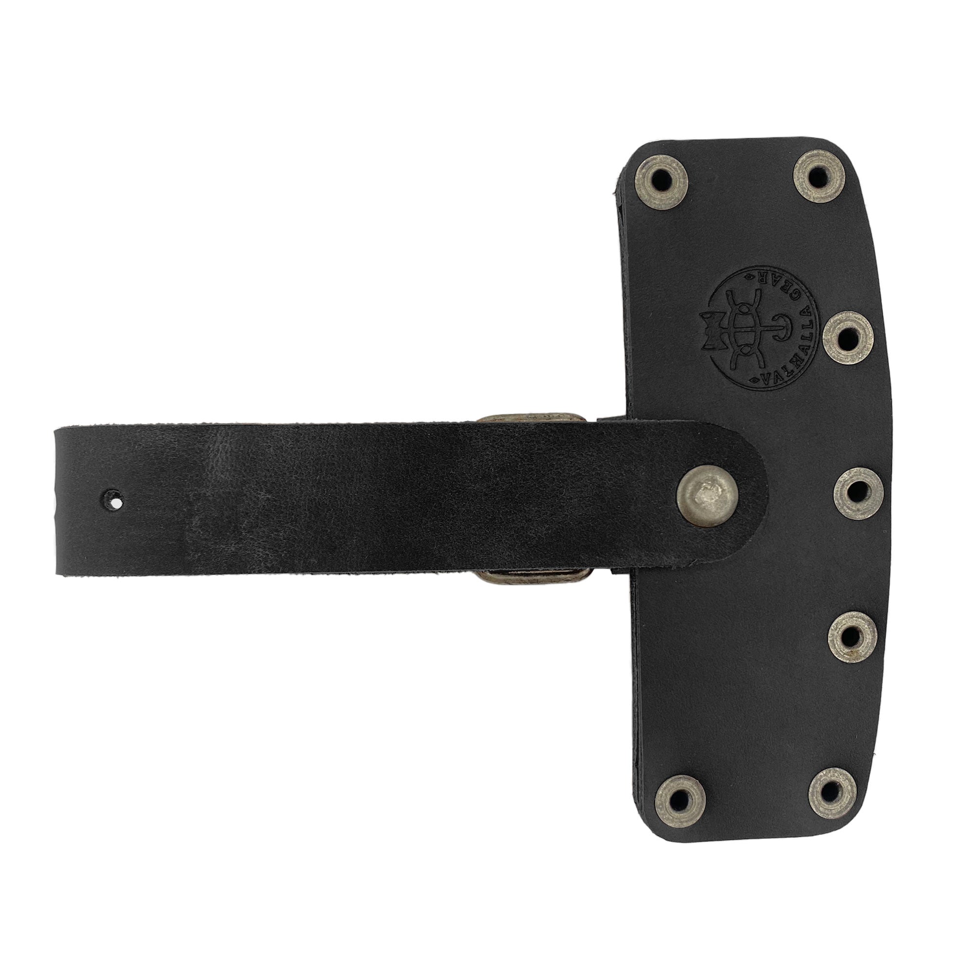 Lumberjack Axe Head Sheath by Valhalla Gear, showcasing its functional design. This Handmade from Full Grain Leather - Protector Case offers blade safety, making it an excellent camping accessory. Essential for lumberjack outdoor work, this Artisan product is meticulously hand cut, hand sewn, fire branded, and proudly made in La Antigua Guatemala & Oaxaca Mexico.