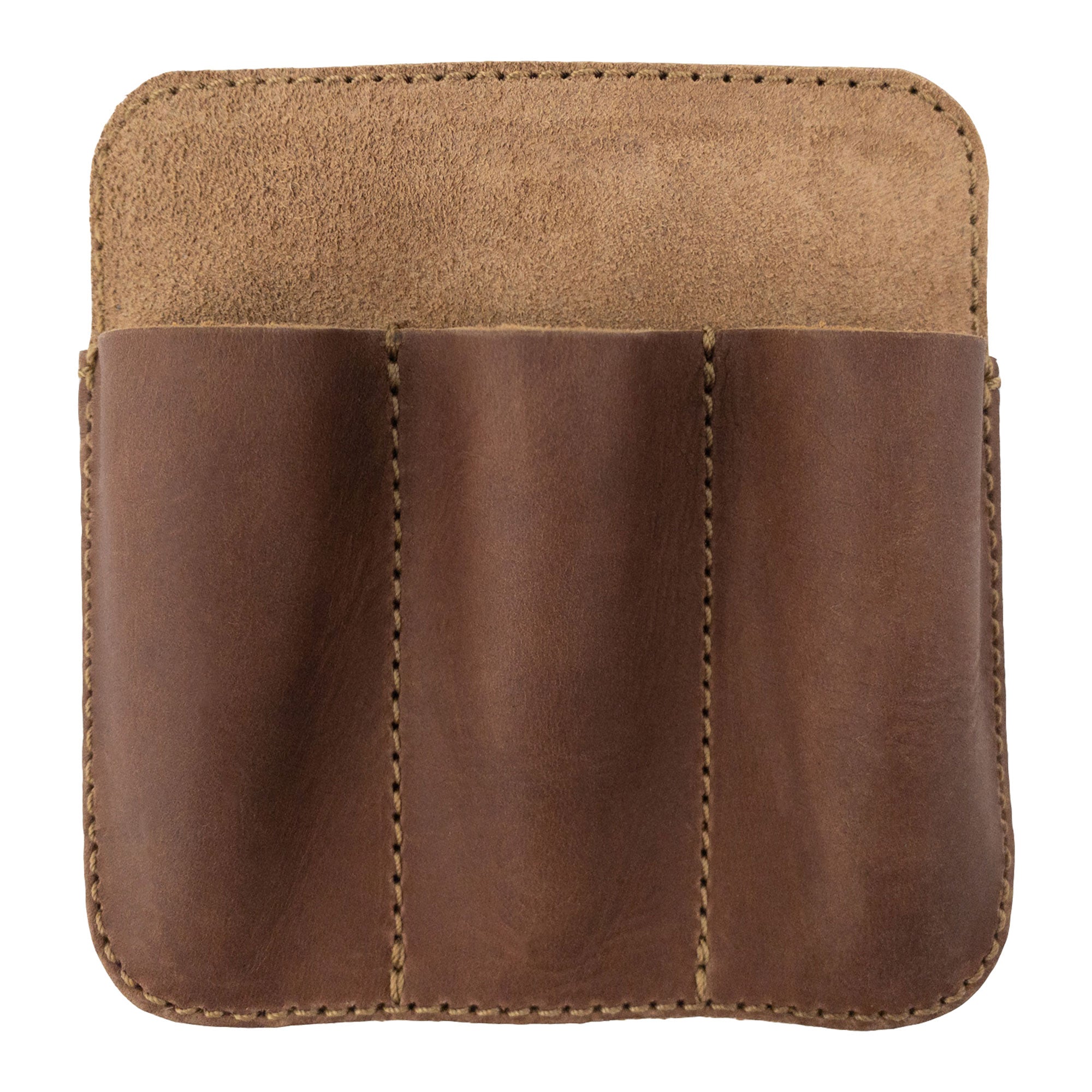 Front view of the Hide & Drink Minimalist Tool Pocket in a rich brown color. Designed for practicality, this Full Grain Leather Tool Pocket Pouch is hand sewn and emphasizes artisan craftsmanship from La Antigua Guatemala with a focus on small batch production.