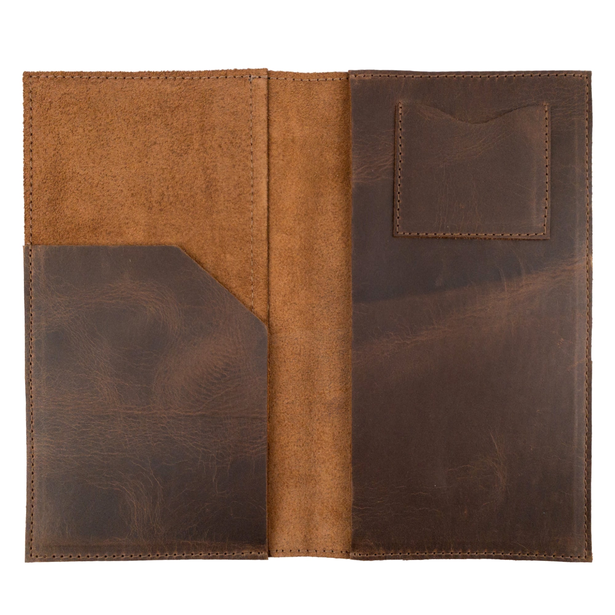 Open interior of the Fancy Check Presenter by Hide & Drink, featuring pockets for cash and cards, crafted from Full Grain Leather. A stylish addition to restaurant and cafe accessories, this handmade item reflects stockyard artisanship and small batch production from La Antigua Guatemala & Oaxaca Mexico.