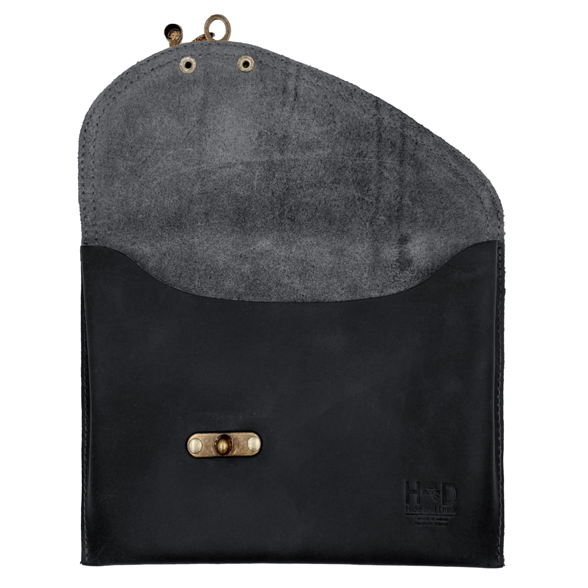 Inside view of a black Vintage Clutch Bag by Hide & Drink, highlighting the craftsmanship in Full Grain Leather and artisan design features from small batch production in Oaxaca Mexico.