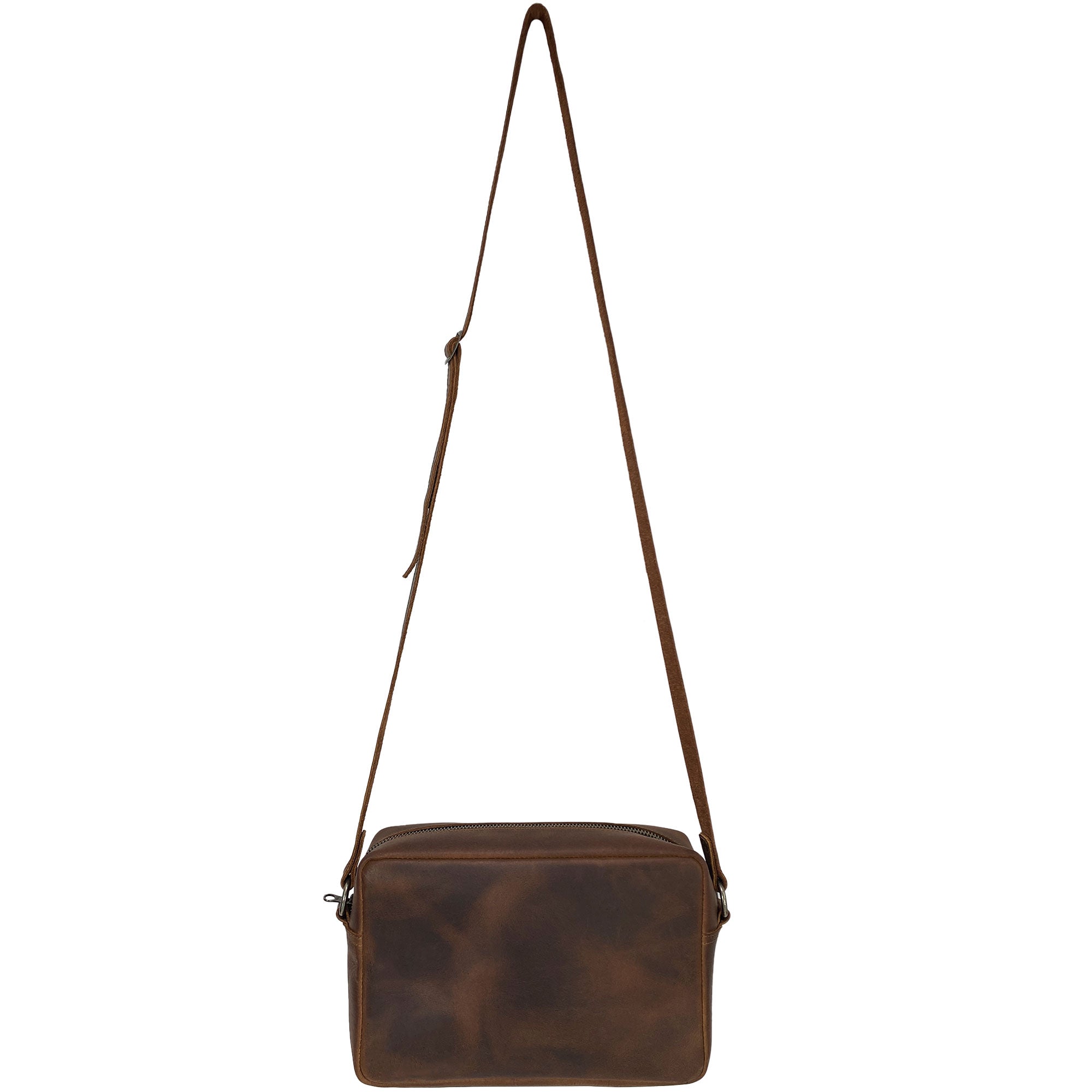Back view of Heather's Rectangular Crossbody Bag, highlighting its sleek design made from full grain leather, a perfect choice for everyday use or travel. Squared Crossbody Bag - Stylish Shoulder Bag for Everyday Use or Travel, Full Grain Leather, StockyardX, Small Batch Production, Hand Cut, Hand Sewn, Fire Branded, Artisan, Handmade in La Antigua Guatemala & Oaxaca Mexico.