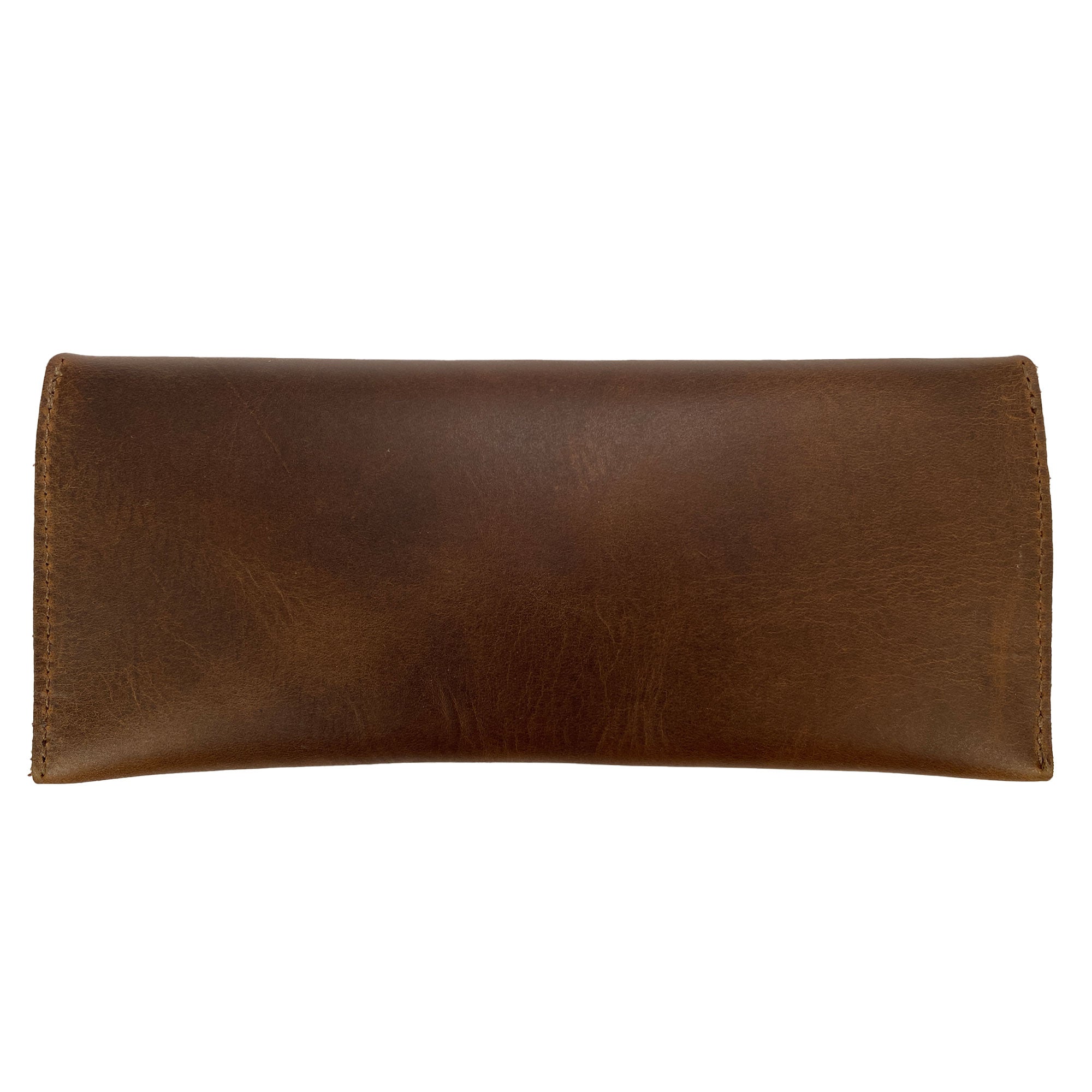 Back view of Heather's Long Utility Pouch, highlighting the full grain leather craftsmanship. This stylish wallet for carrying and storing cash, coins, and cards features a vintage, minimalist design and is part of StockyardX's small batch production. Each piece is hand cut and sewn, showcasing artisan quality from La Antigua Guatemala.