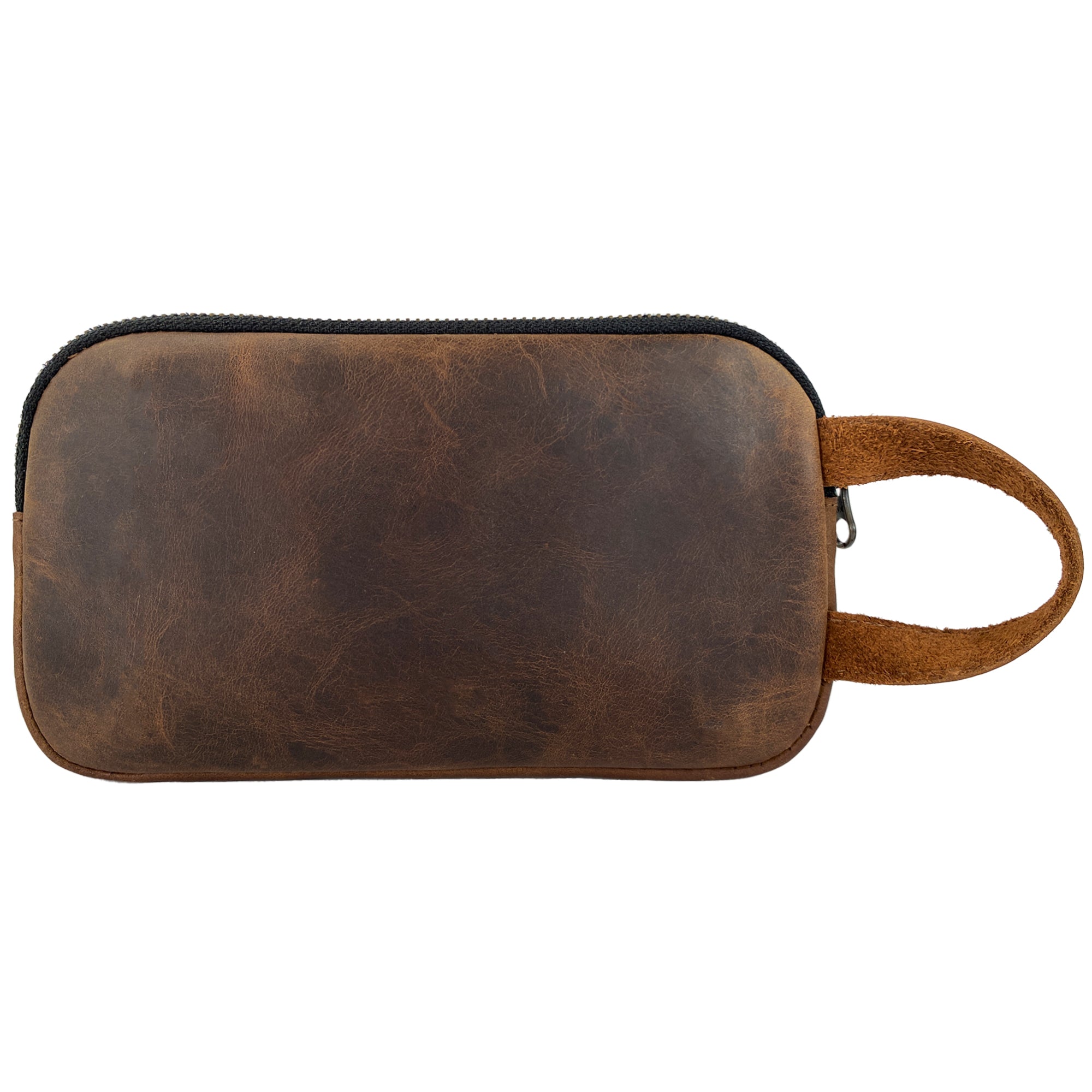 Back view of Hide & Ride Cycling Phone Bag featuring a soft, durable full grain leather exterior. This utility bag is designed for small tools and charging accessories, making it a perfect companion for cyclists. Artisanally handmade in La Antigua Guatemala for quality and style.