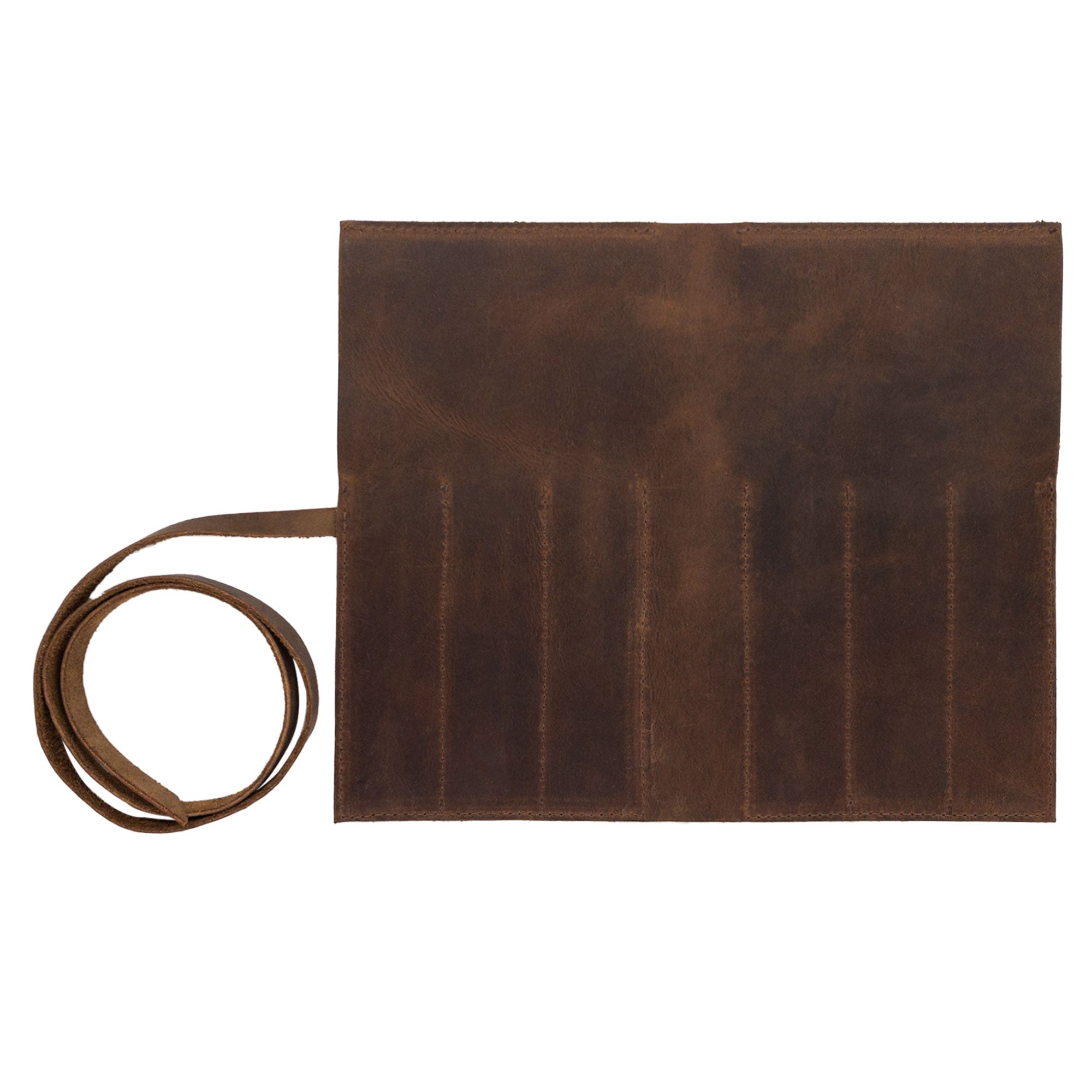 Squared Pencil Case from Leather Worx, displayed flat to reveal multiple compartments for pen organization. Crafted from Full Grain Leather, this pen organizer embodies the essence of artisan craftsmanship with its hand cut, hand sewn, and fire branded construction. Perfect for those who appreciate handmade goods from La Antigua Guatemala & Oaxaca Mexico.