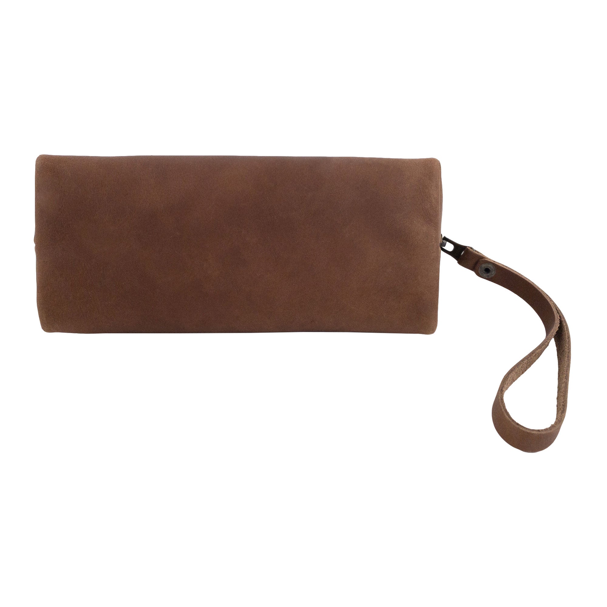 Open view of the Accessory Pouch Organizer Hand Bag by Hide & Drink, showcasing cosmetics inside. This elegant Cosmetic Travel Organizer with Hand Strap for Women serves as a Makeup Bag or Classic Handbag, handmade in La Antigua Guatemala & Oaxaca Mexico.