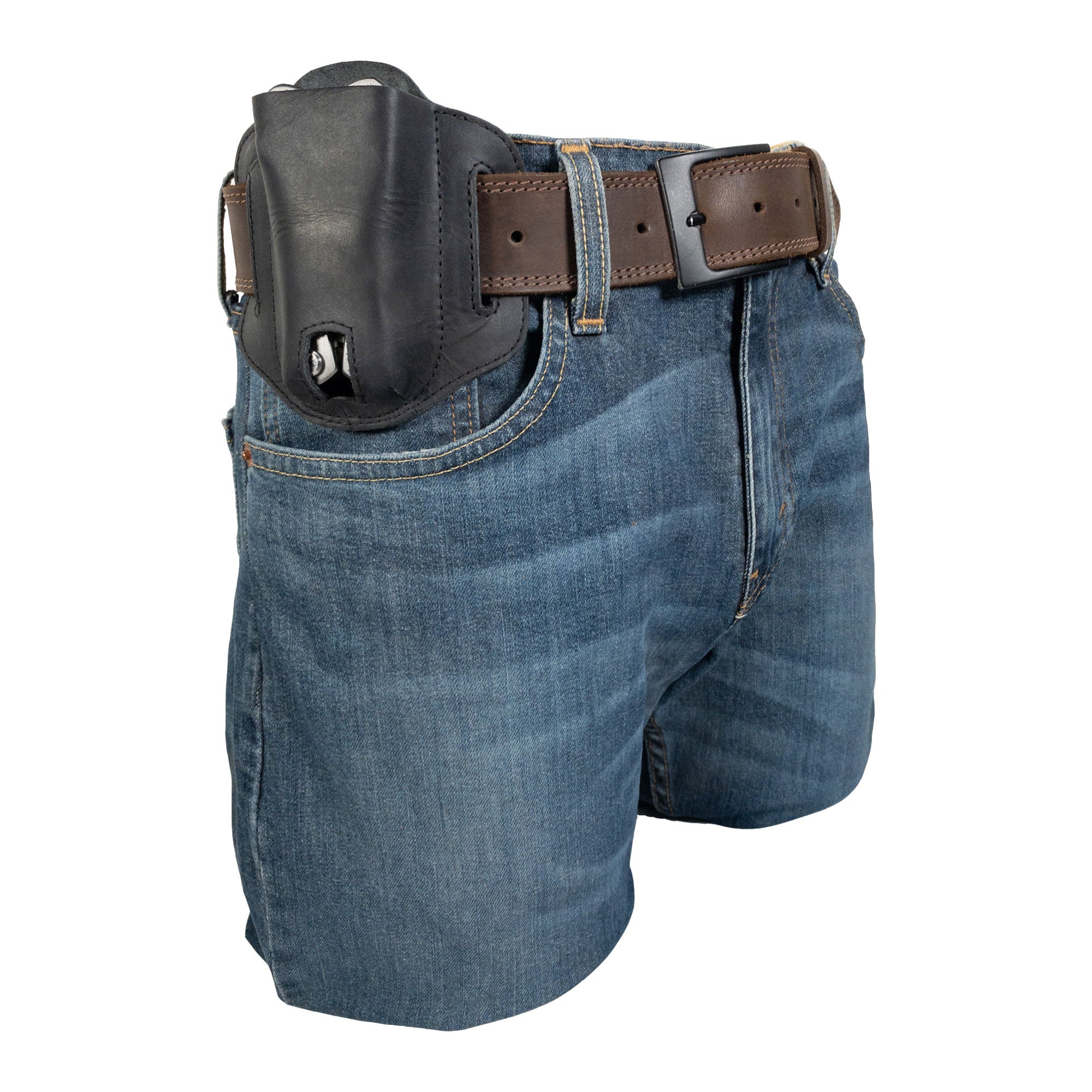 Full view of the Black Multitool Belt Sheath from Hide & Drink shown on a belt. This durable tool holster for waist is perfect for carrying outdoor accessories, demonstrating the brand's dedication to handmade quality in La Antigua Guatemala & Oaxaca Mexico.