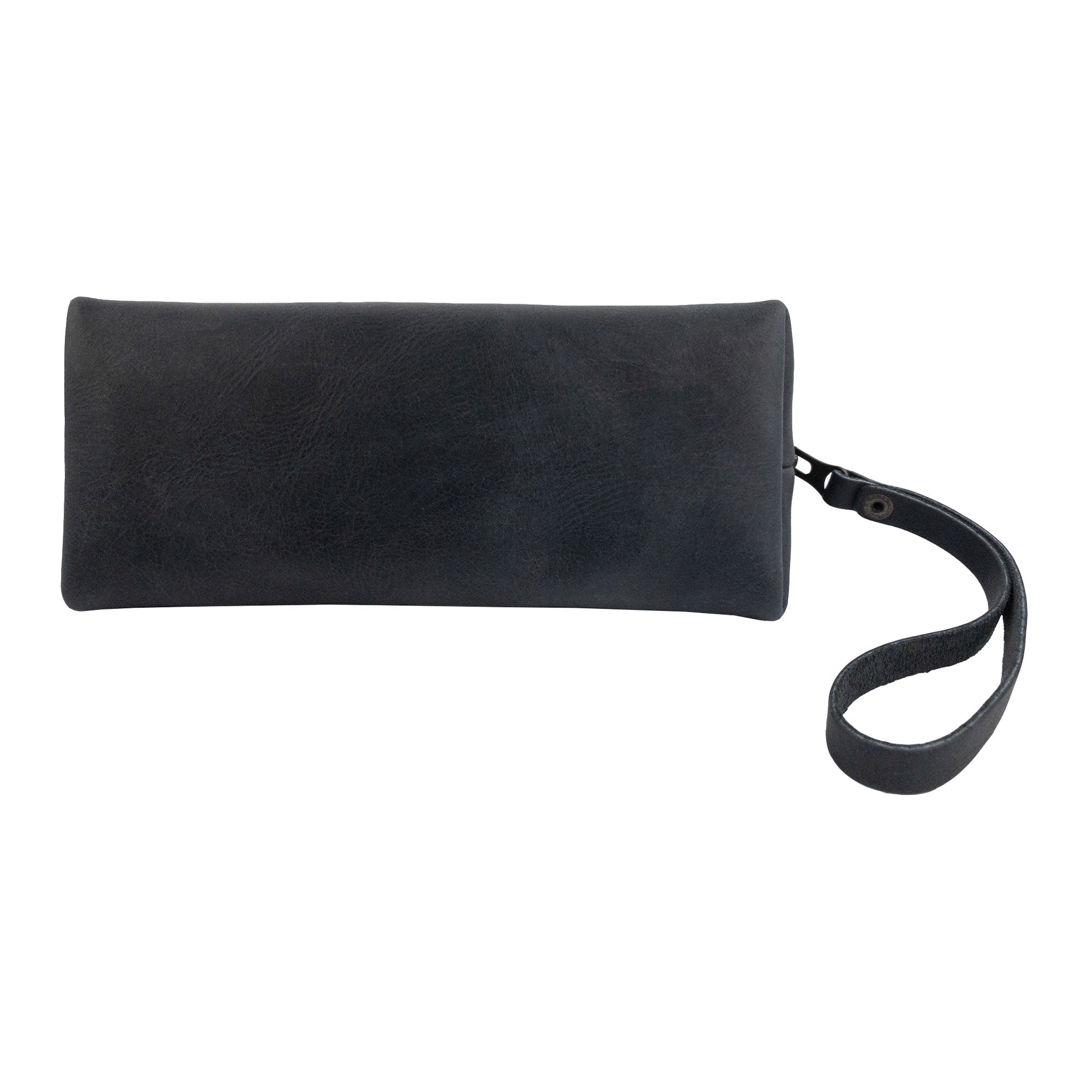 The back view of the Accessory Pouch Organizer Hand Bag by Hide & Drink, made from elegant full grain leather. Perfect as a Cosmetic Travel Organizer with Hand Strap for Women, this versatile bag is also a reliable Makeup Bag and Classic Handbag, crafted in small batches in La Antigua Guatemala & Oaxaca Mexico.