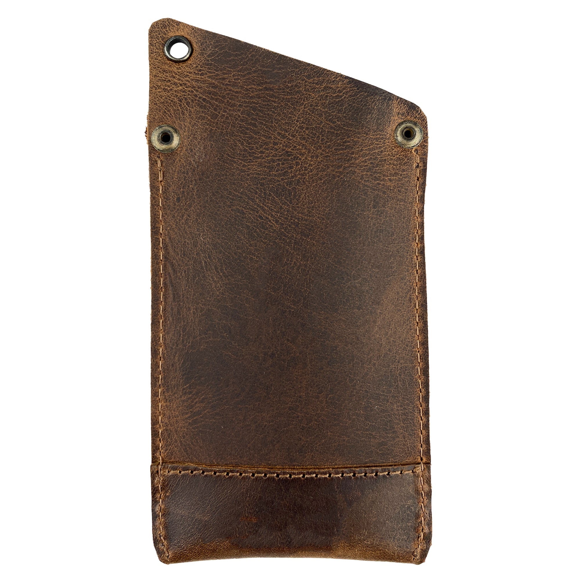 Back view of Valhalla Gear EDC Knife Sheath, a full grain leather rectangular knife sheath. This vertical holster is perfect for multitools, serving as an essential tool case for camping and outdoor accessories. Artisan crafted in La Antigua Guatemala, showcasing hand cut, hand sewn detailing and fire branding.