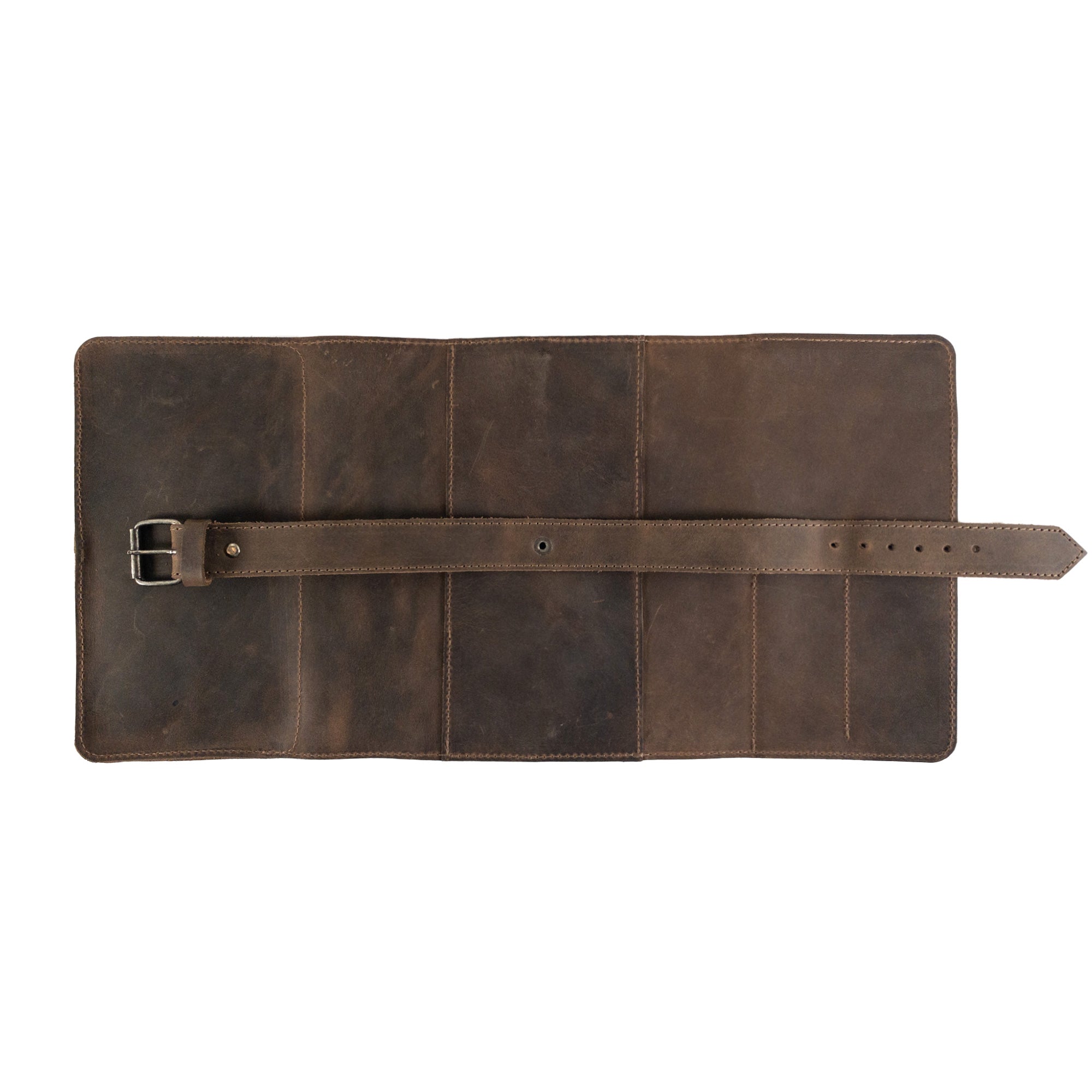 Back view of the brown Hide & Drink Double Pipe Tobacco Pouch displaying its elegant design and sturdy construction. This artisan pouch is made from quality Full Grain Leather for durability.