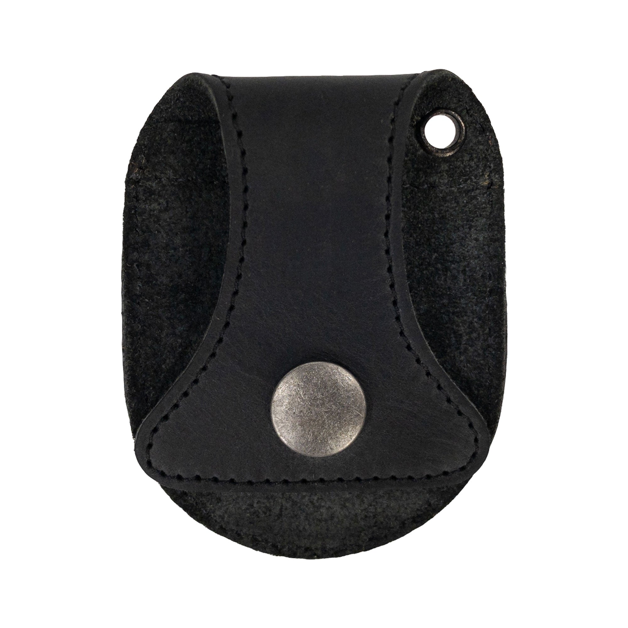 Hide & Drink Pocket Watch Holder and Case with an elegant closure in black leather, demonstrating its functional craftsmanship. This pocket watch case serves as a rustic protector holder for timepieces, featuring full grain leather, artisan quality, hand cut, and hand sewn details, crafted in La Antigua Guatemala & Oaxaca Mexico.