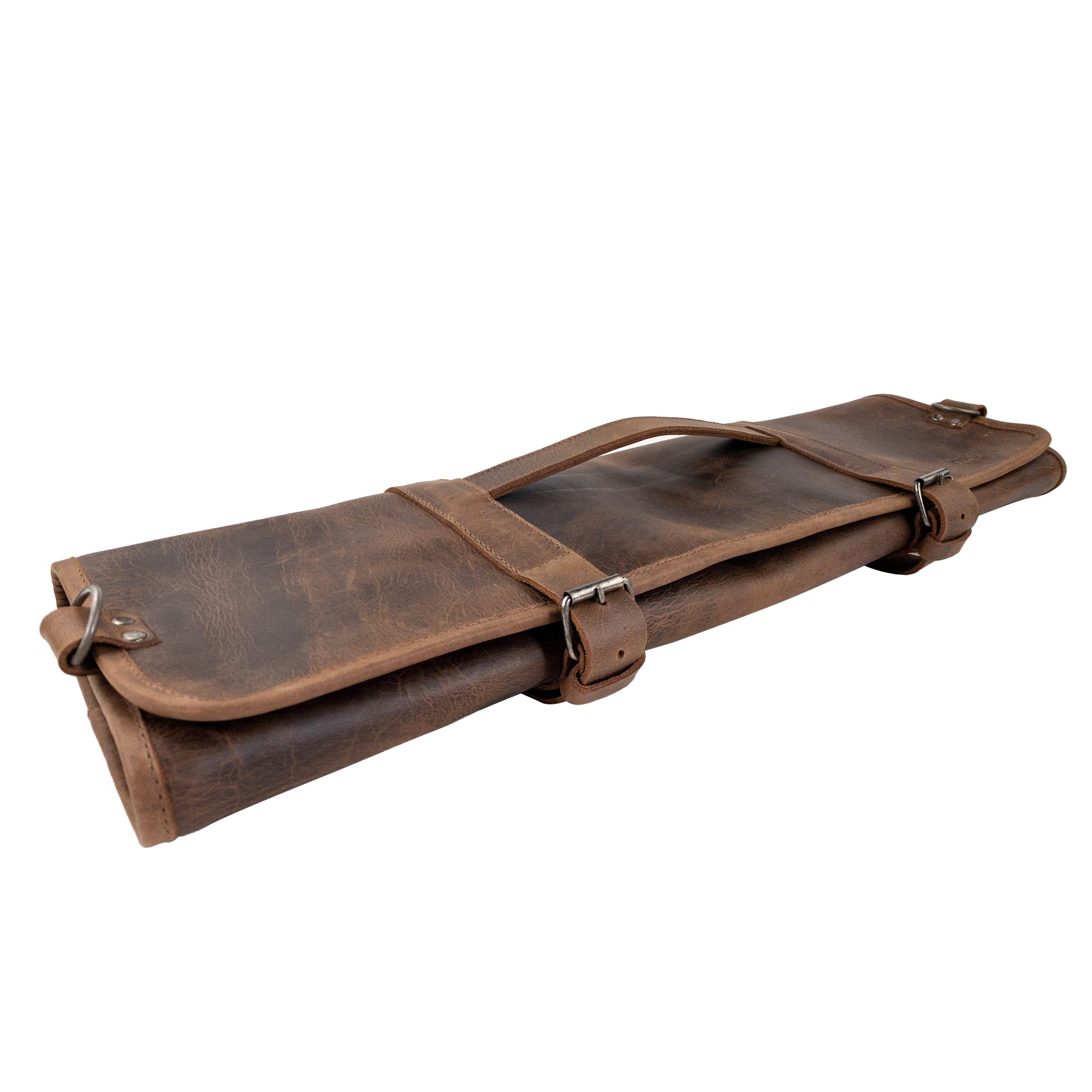 Side view of Hide & Drink Knife Roll With Water Resistant Lining (8 Pockets) emphasizing its sleek design. Ideal as a Chef's Knife Roll Bag (8 Pockets), it’s the desirable portable knife organizer for chefs.