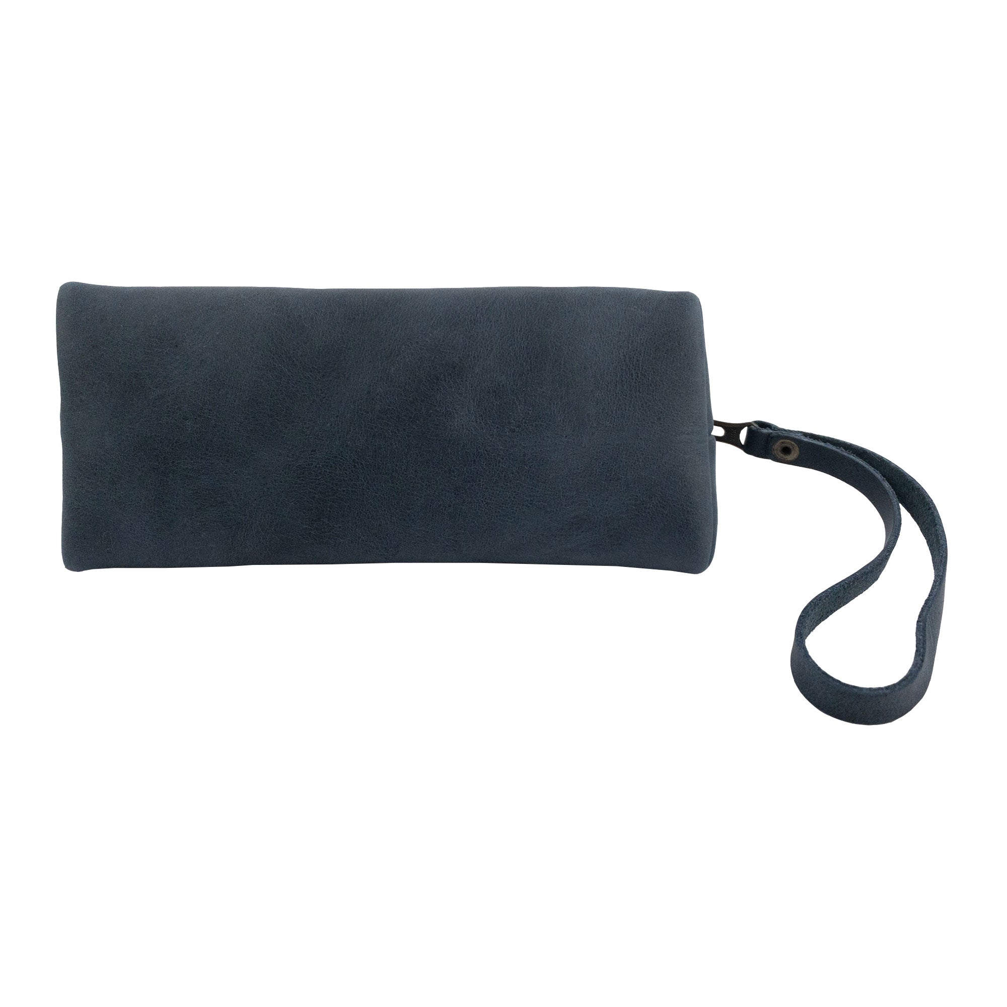 The back view of the Accessory Pouch Organizer Hand Bag by Hide & Drink, crafted from rich brown leather. It's a practical Cosmetic Travel Organizer with Hand Strap for Women that excels as a Makeup Bag or Classic Handbag, showcasing small batch production in La Antigua Guatemala & Oaxaca Mexico.