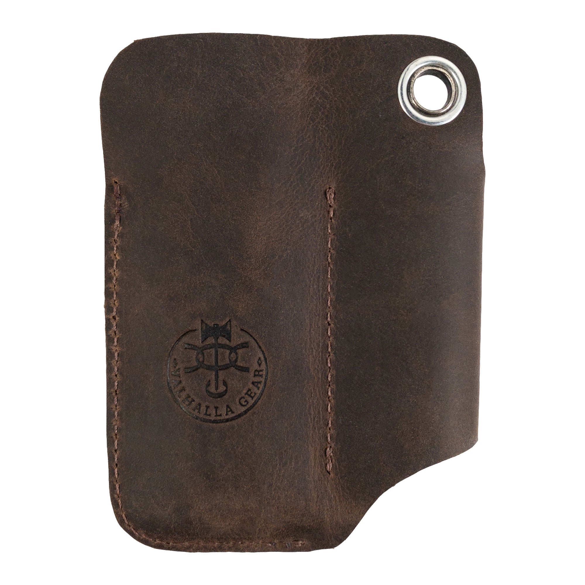 Compact EDC Tool Holster by Valhalla Gear with tools arranged; illustrating the functionality of the pocket case. Crafted from full grain leather, this artisan piece acts as a durable rustic sleeve for tools, ideal for daily use.