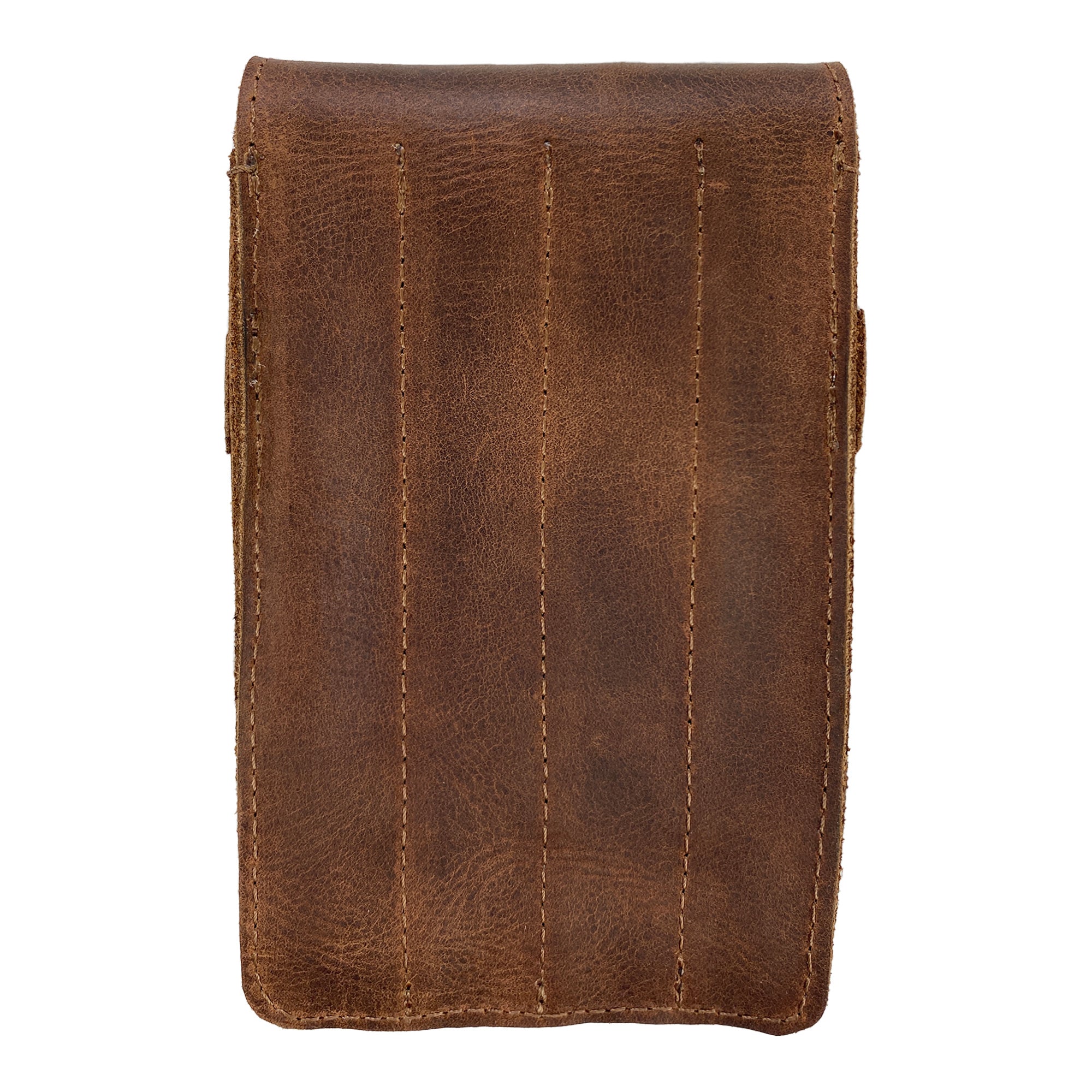 Back view of the Leather Worx 4-Pen Holder in dark brown full grain leather, illustrating its sturdy and minimalist structure. This artisan-crafted pencil case is made through small batch production, featuring hand cut and hand sewn details, fire branded emblem, and quality handmade in La Antigua Guatemala.