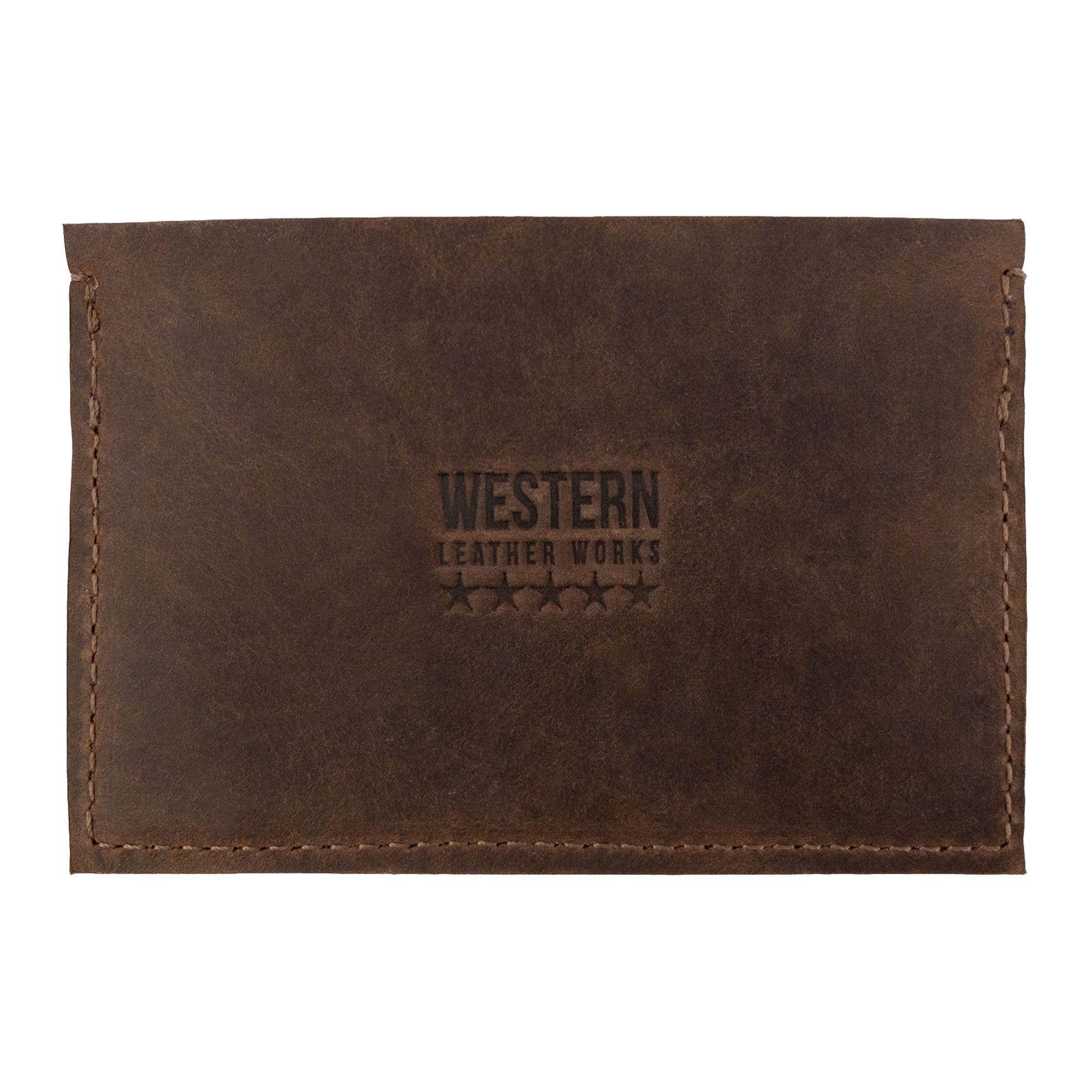 Western Leather Works Double Card Wallet showcasing the classic dark leather back. This Compact Storage solution serves as an ID holder for those who appreciate full grain leather craftsmanship. Handmade in La Antigua Guatemala with expertise in small batch production, featuring hand cut, hand sewn design and fire branding.