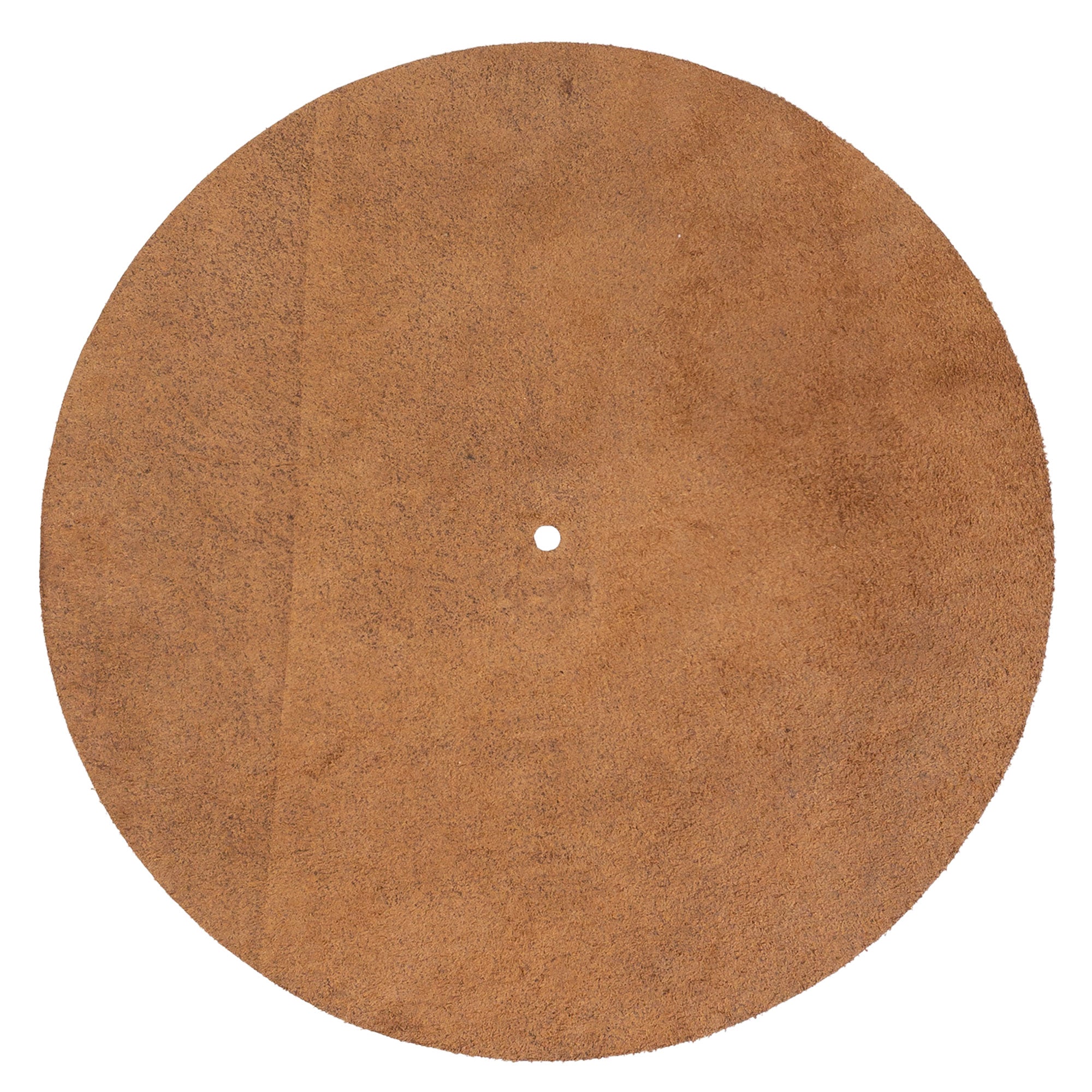 Hide & Drink Turntable Slipmat displaying a soft, nubuck leather finish perfect for phonograph enthusiasts. This handmade artisan product is crafted from full grain leather, providing an antistatic cover that reduces dust and noise. A classy choice for those who appreciate small batch production and fire branded quality.