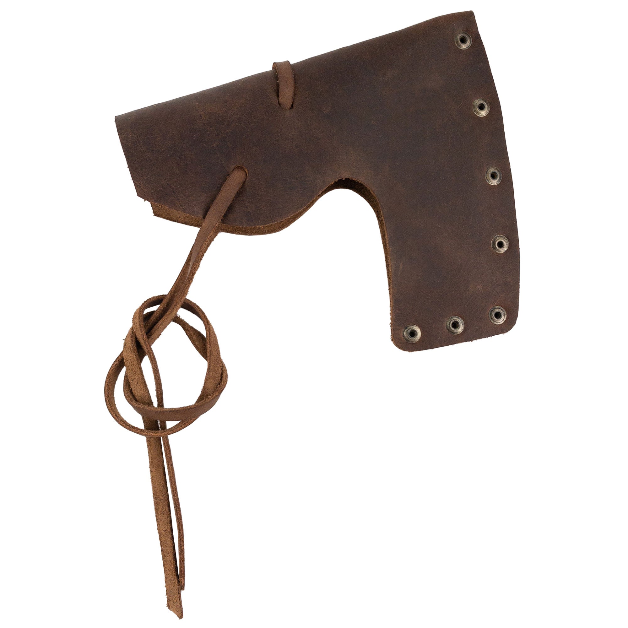 Valhalla Gear Bearded Axe Head Sheath with String, featuring a leather sheath with rivets, designed as a Blade Safety Sleeve for your axe. This functional and stylish Protector Case made from Full Grain Leather is ideal for outdoor enthusiasts, embodying StockyardX's dedication to quality in handmade products crafted in La Antigua Guatemala & Oaxaca Mexico.