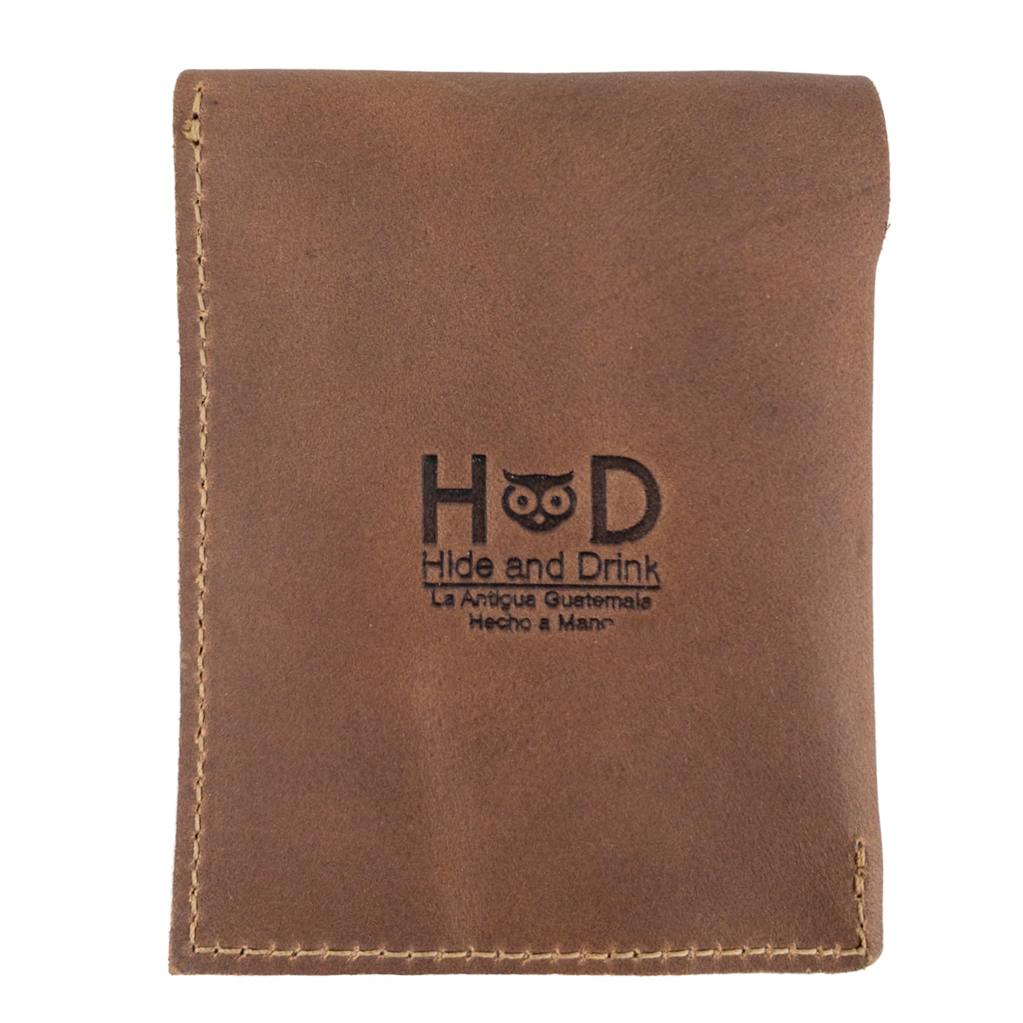Hide & Drink Slim Card Holder displaying brand logo, designed to hold up to 4 cards plus cash, emphasizing artisan craftsmanship and quality from La Antigua Guatemala.
