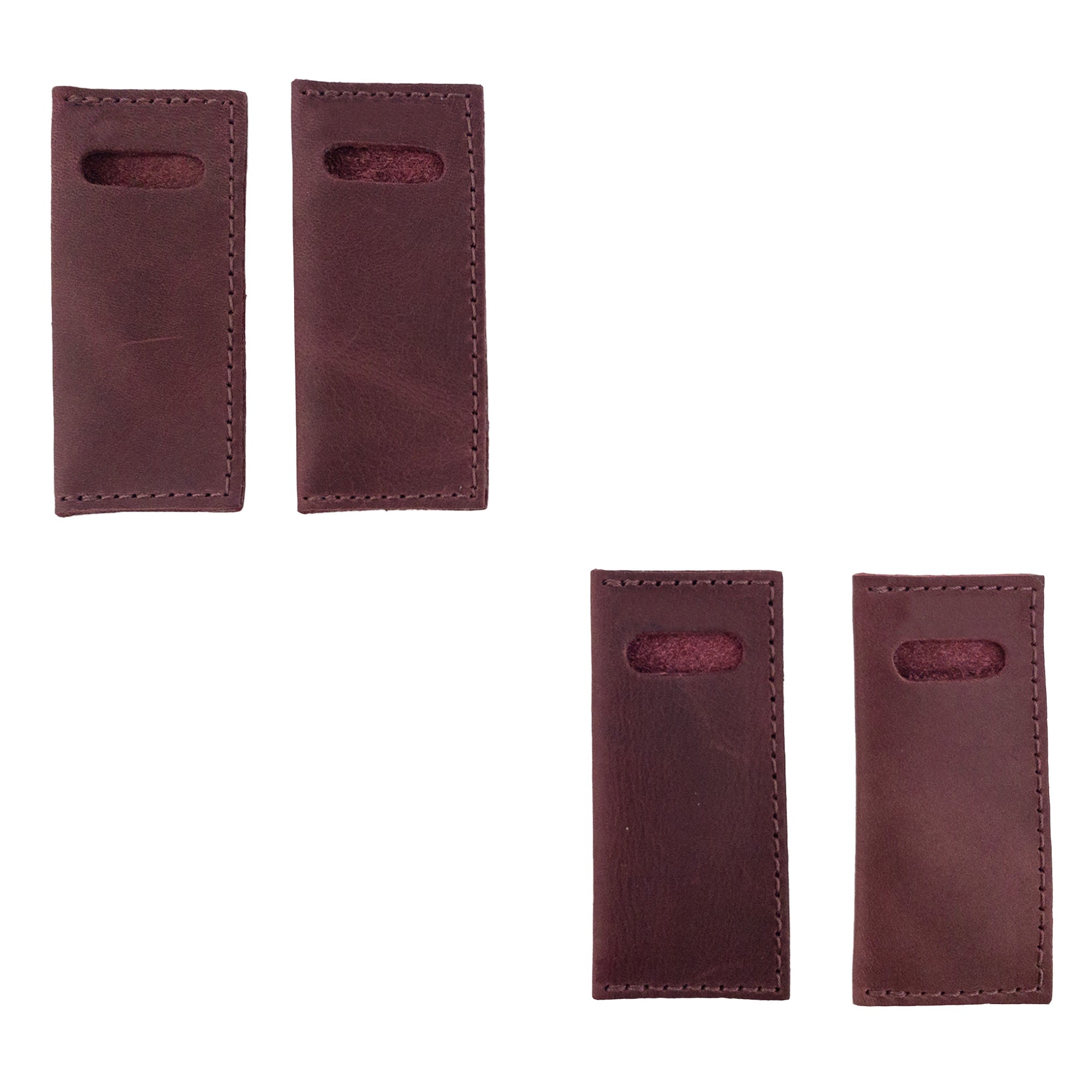 Hide & Drink Tooth Pick Case (4 Pack) displaying a complete set of leather toothpick holders on display. Set of 4 Tooth Pick Cases, Cooking Accessories, Full Grain Leather, StockyardX, Small Batch Production, Hand Cut, Hand Sewn, Fire Branded, Artisan, Handmade in La Antigua Guatemala & Oaxaca Mexico.