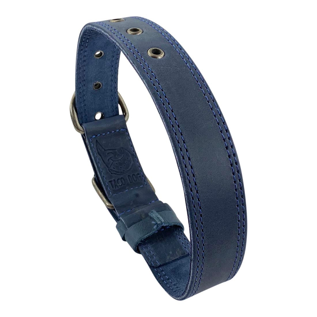 Image displaying the size chart for Taco Dog Black Leather Dog Collar, intended for measuring neck circumference for medium to large dogs. Each collar is made with artisan quality from La Antigua Guatemala.
