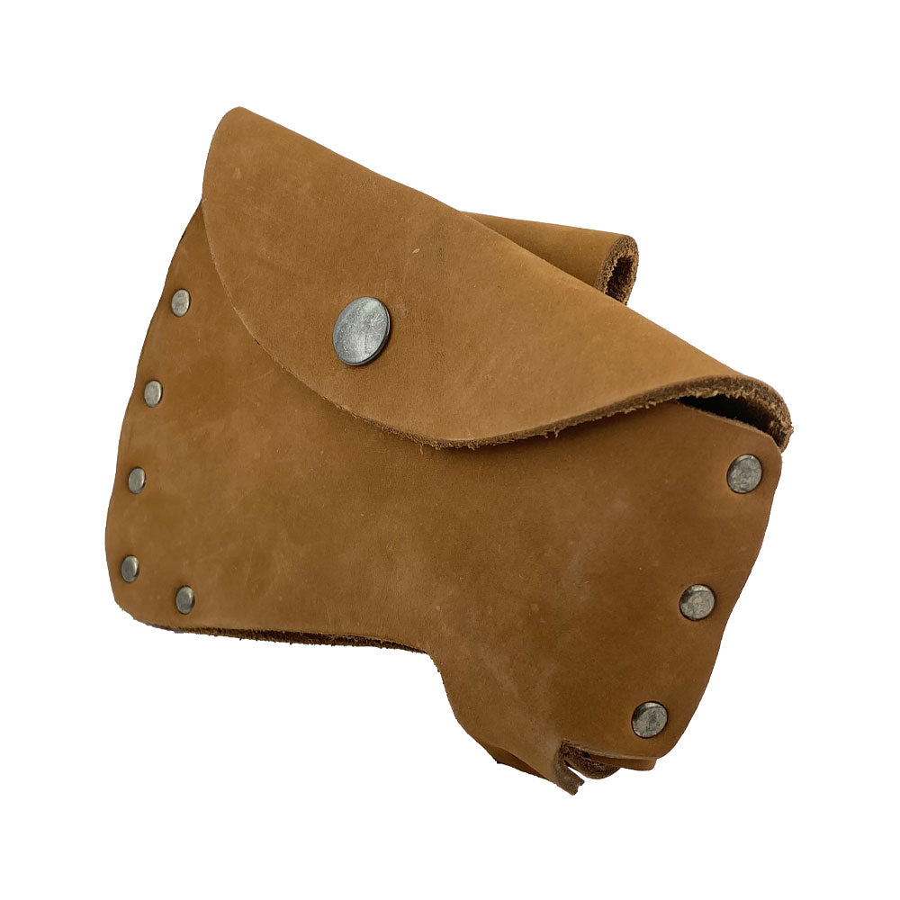Hide & Drink Hatchet Head Sheath displayed in tan leather, designed as a secure holster for 1.5 in. belts. This artisan-crafted blade cover and axe head case is perfect for lumberjack work essentials, made in La Antigua Guatemala & Oaxaca Mexico.