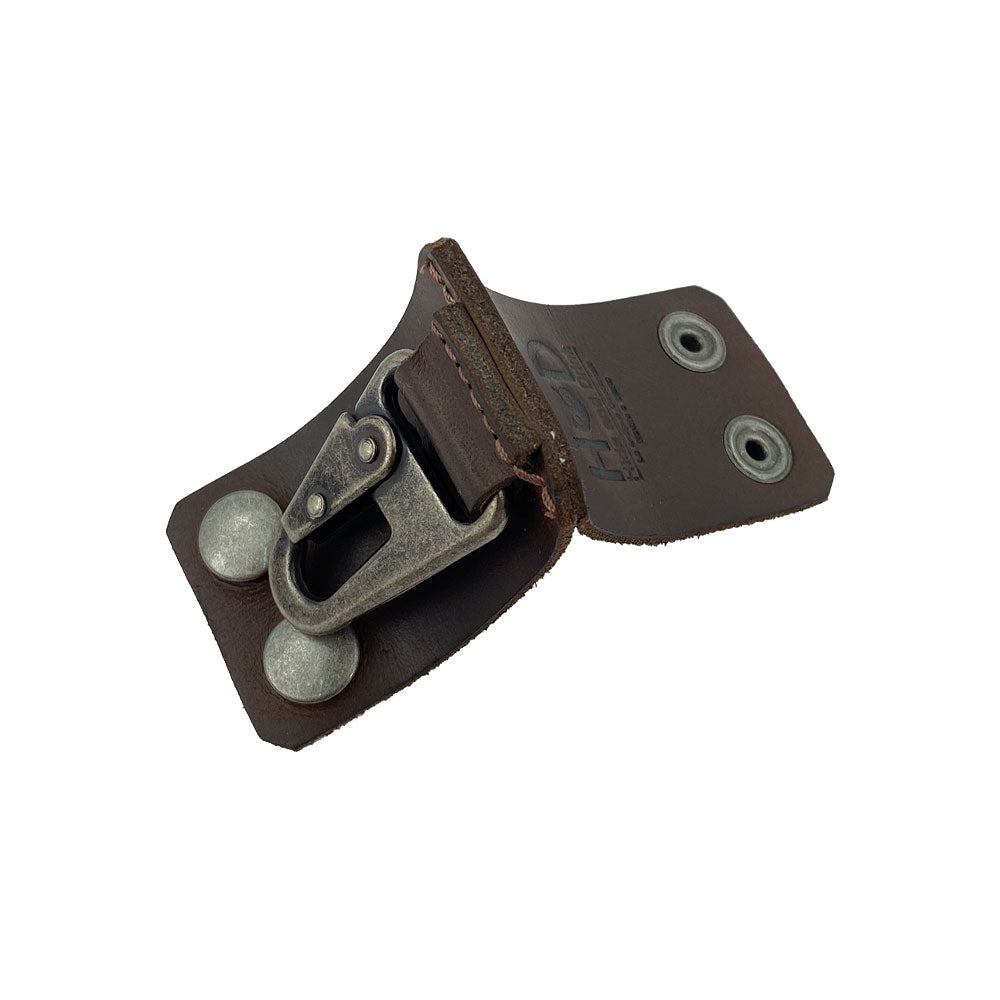 Belt Keychain Holder Hook by Hide & Drink displayed open, featuring its sturdy clip and thick full grain leather, designed for everyday use as a belt clip key chain holder hook. Artisan crafted in La Antigua Guatemala & Oaxaca Mexico, ensuring quality through small batch production.