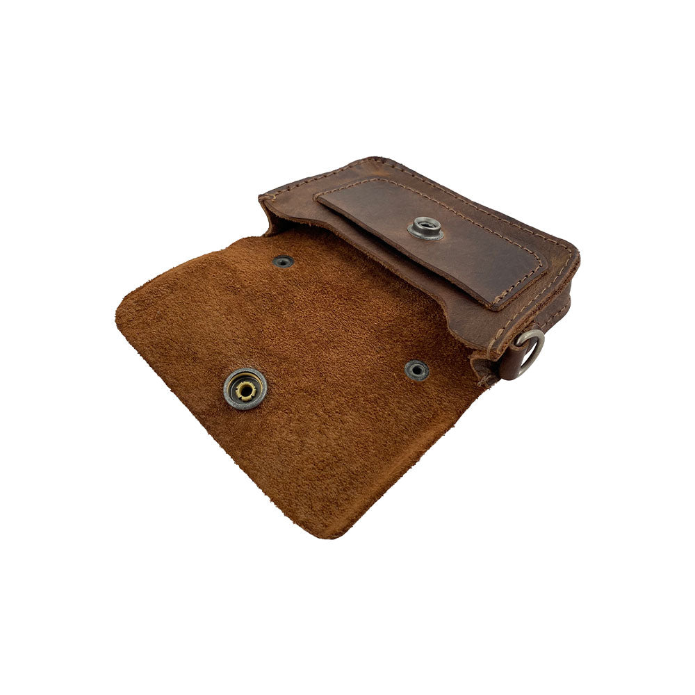 Interior view of Hide & Drink's Card Holder Briefcase Style, featuring the Mini Briefcase Card Holder with a suede lining. This handmade case, crafted from Full Grain Leather, holds up to 10 cards plus folded bills, serving as a stylish cash organizer from La Antigua Guatemala & Oaxaca Mexico.