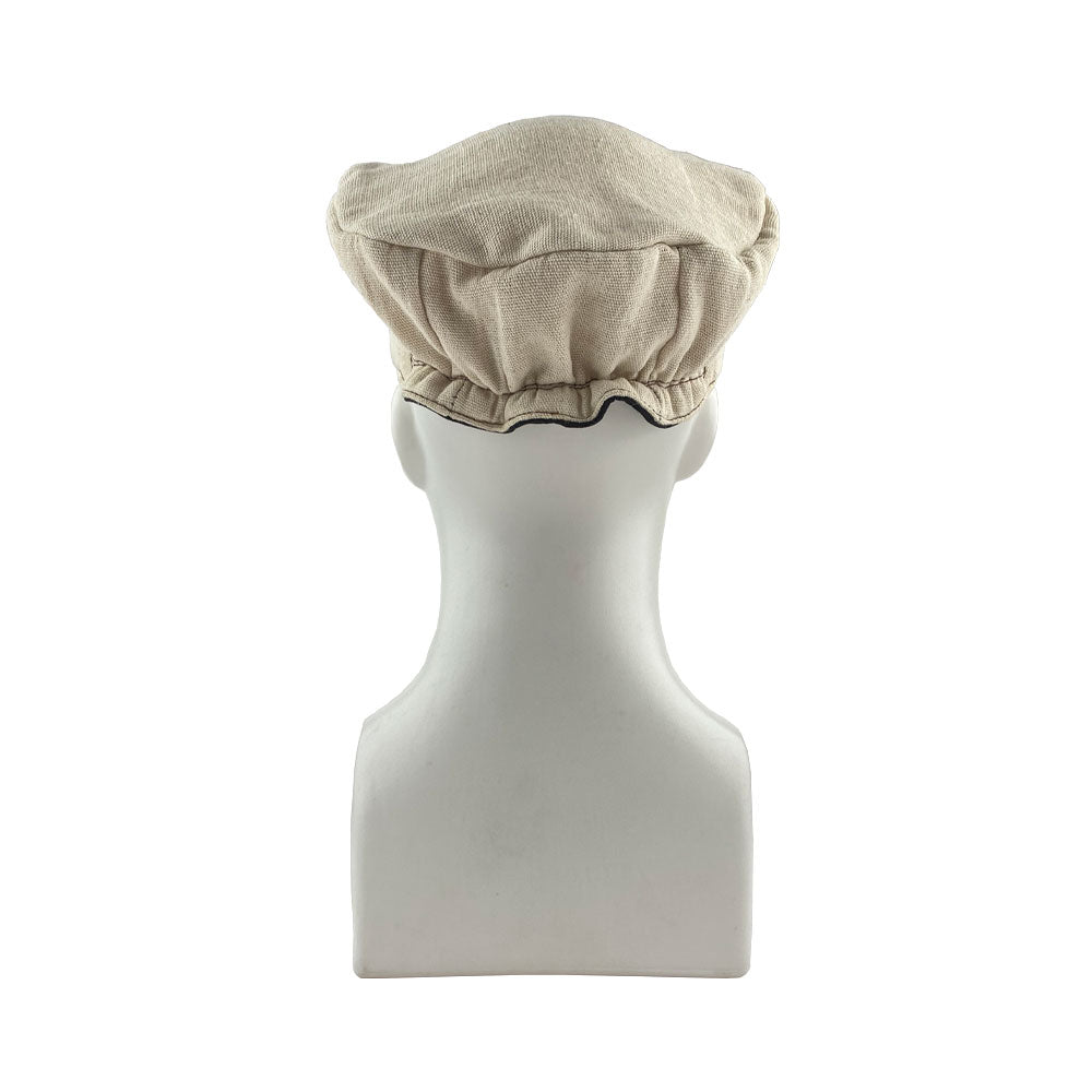 Back view of the Manta Cotton Painter Cap by Hide & Drink, featuring a relaxed fit and made with Full Grain Leather & Natural Manta Cotton, designed for artists. This Canvas Painter Cap showcases small batch production techniques, is hand cut, hand sewn, and fire branded, embodying artisan craftsmanship made in La Antigua Guatemala & Oaxaca Mexico.