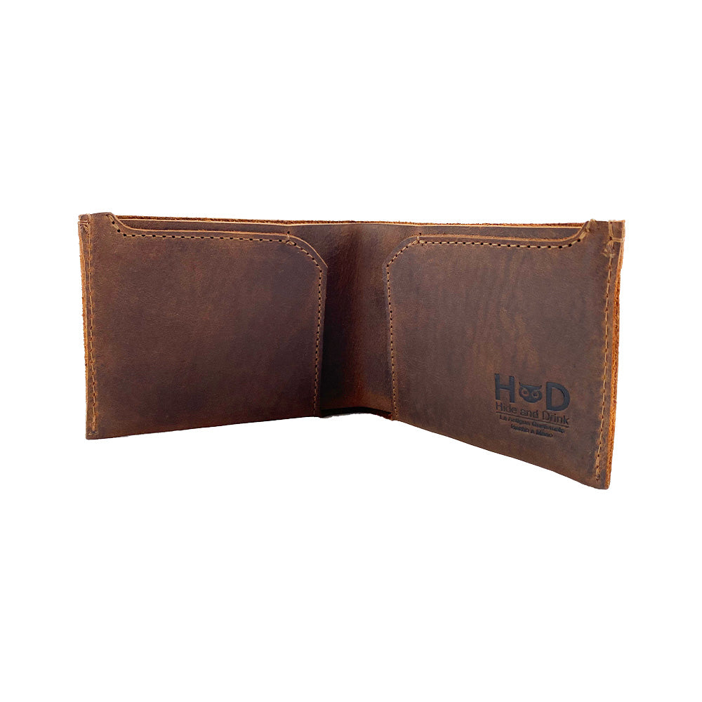 Wide view of the Hide & Drink Classic Wallet opened, emphasizing its minimalist design and sturdy full grain leather construction. Classic Wallet, Card Organizer, Money Holder, Vintage Pocket, Travel Accessories, Full Grain Leather, StockyardX, Small Batch Production, Hand Cut, Hand Sewn, Fire Branded, Artisan, Handmade in La Antigua Guatemala & Oaxaca Mexico.