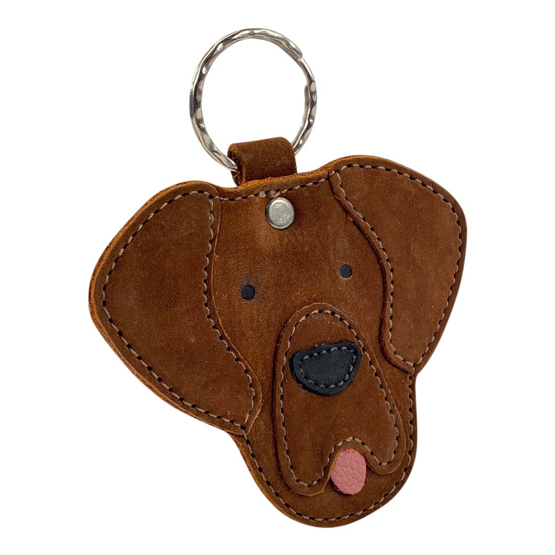 Labrador Dog Critter Keychain by Taco Dog showing cute details in brown leather. This unique keychain is made from Full Grain Leather, highlighting small batch production and artisan craftsmanship from La Antigua Guatemala.