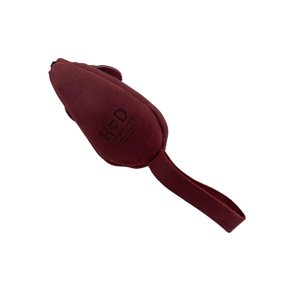 Bottom view of the burgundy Hide & Drink's Mouse Coin Pouch, displaying the branding and craftsmanship. This delightful Mouse-Shaped Coin Pouch exemplifies small batch artisan production using quality full grain leather.
