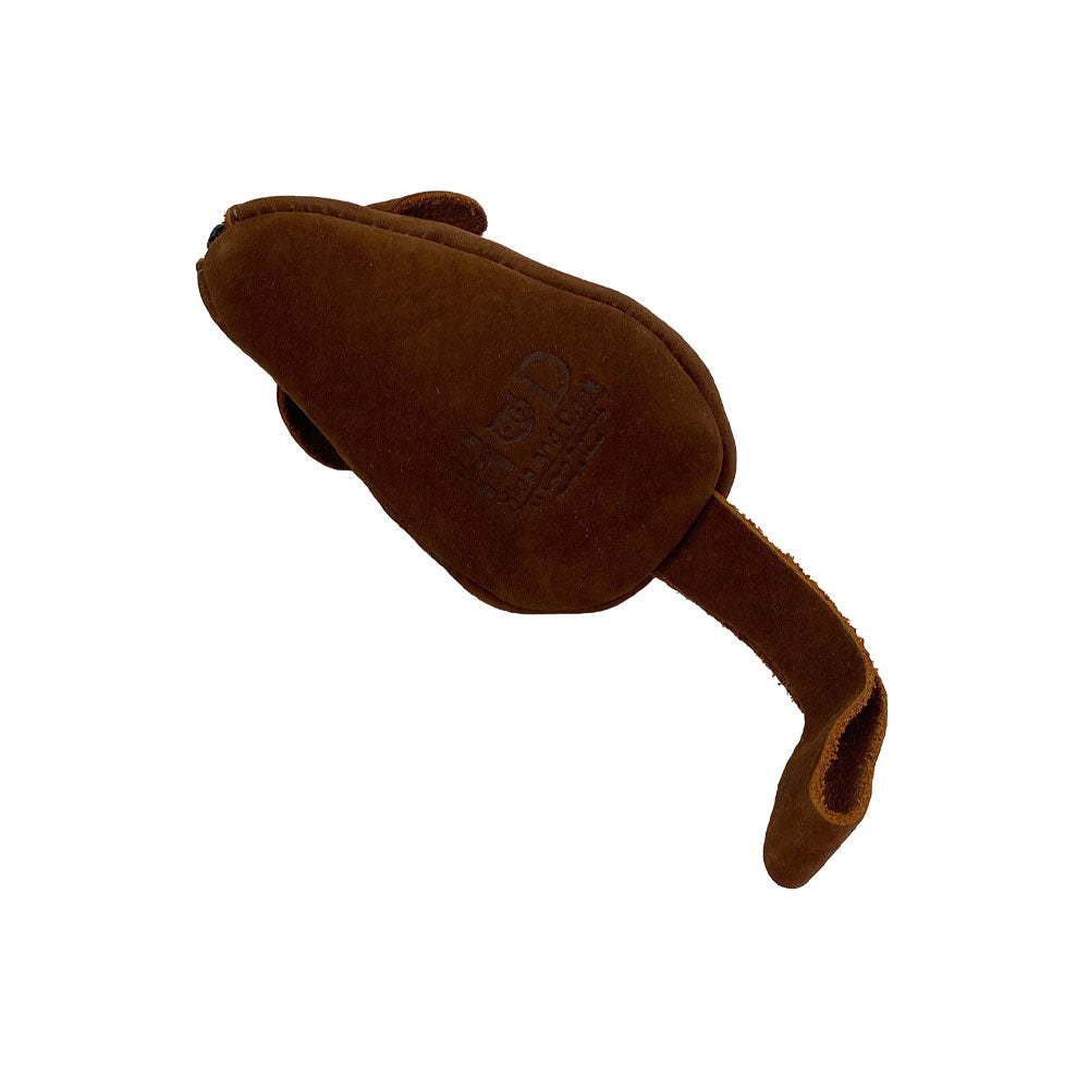 Hide & Drink Mouse Coin Pouch shown from a unique angle, displaying its Mouse shape. This small Change Pouch serves as a versatile Pocket Case for Coins, made from exquisite Full Grain Leather, with handmade elements from La Antigua Guatemala.