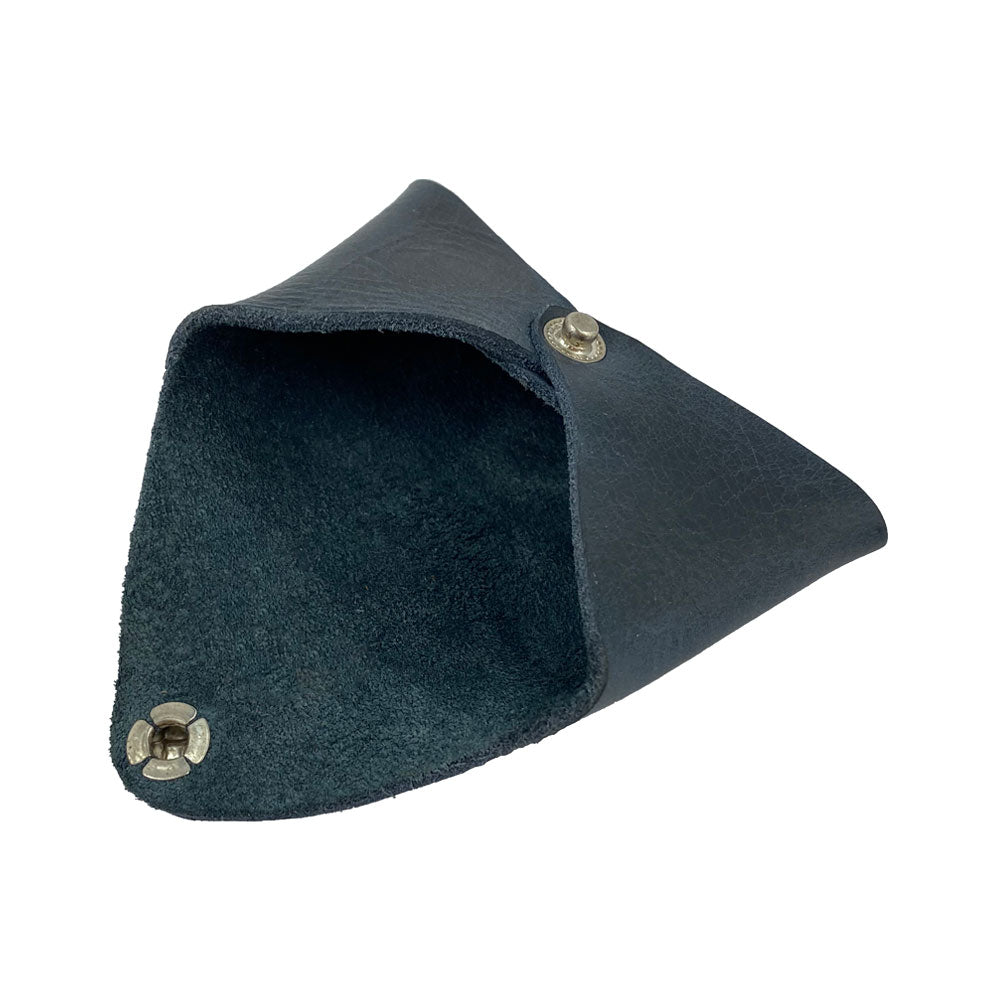 Interior view of the Hide & Drink Envelope Coin Case in navy, showcasing the artisan quality and rustic design. Made from full grain leather, this item encapsulates small batch production and handmade artistry from La Antigua Guatemala & Oaxaca Mexico.