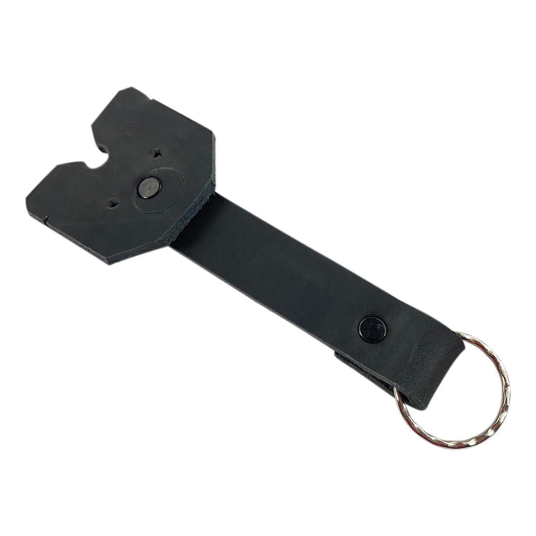 Front angle of the black Taco Dog Doggy Fob Keychain, highlighting the design's durability and functionality. This unique accessory, made from full grain leather, is lightweight and serves as a fantastic gift for dog lovers, reflecting artisan quality from La Antigua Guatemala.