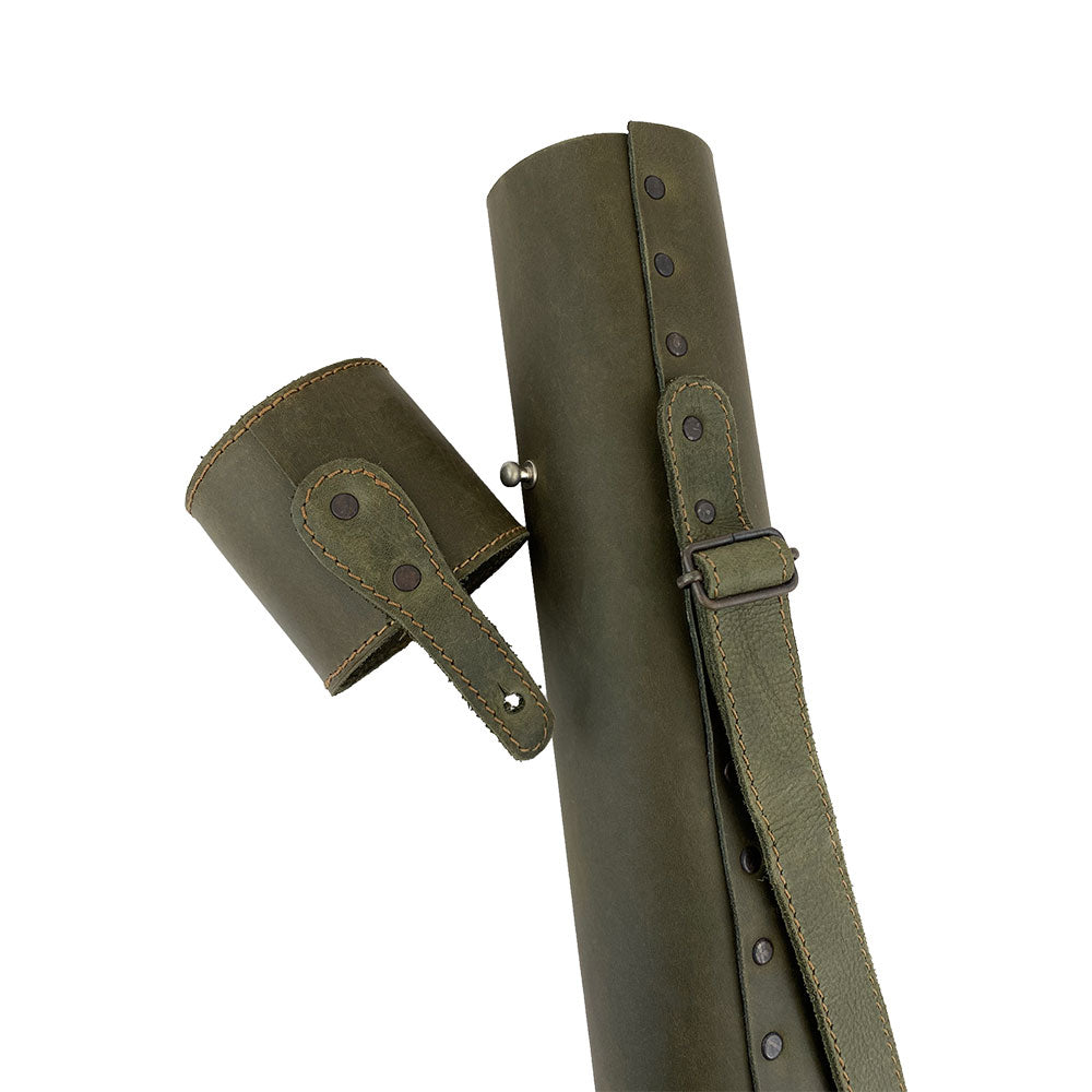 Hide & Drink's Blueprint Tube (A2 Paper Size) with a focus on the closure and handling of olive green leather. This durable document storage tube features an adjustable strap, reflecting artisan quality and small batch production from StockyardX, handmade in La Antigua Guatemala & Oaxaca Mexico.