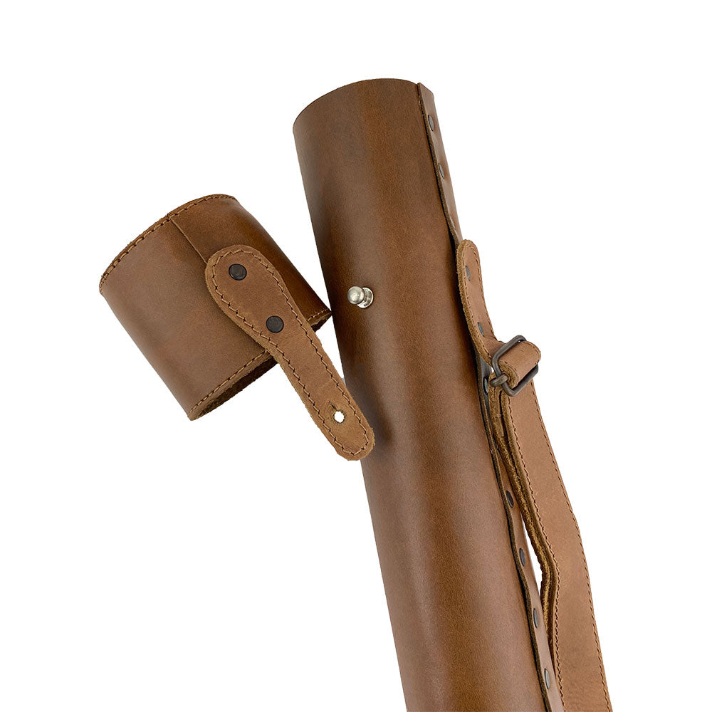 Hide & Drink's Blueprint Tube (A2 Paper Size) featuring a close-up of the fastening mechanism. Designed for architects, this document storage tube is crafted from full grain leather and comes with an adjustable strap. It showcases the artisan quality from StockyardX, reflecting their handmade production in La Antigua Guatemala & Oaxaca Mexico.