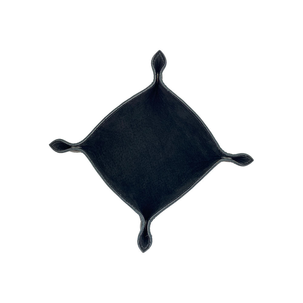 Bird's eye view of the Valet Tray with Sheep Skin by Hide & Drink, exhibiting its stylish design with smooth edges and practical features. Perfect for organizing coins and keys, this tray is crafted from Full Grain Leather & Sheepskin, emphasizing the artisanal quality that comes from small batch production, handmade in La Antigua Guatemala & Oaxaca Mexico.