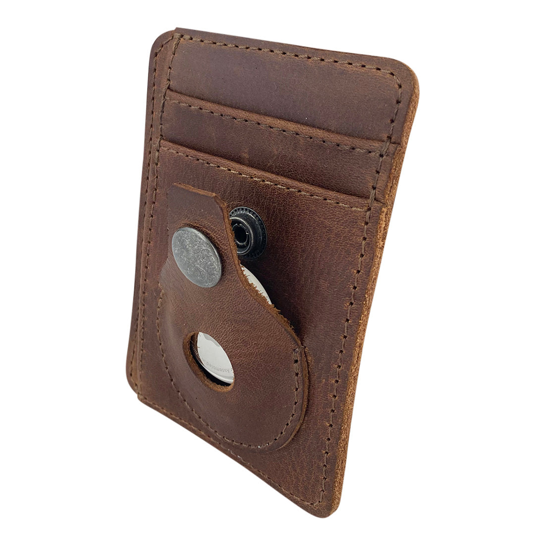 Side view of the AirTag Vertical Card Holder by Hide & Drink, demonstrating the innovative pocket design for your AirTag. Crafted from Full Grain Leather, this product embodies the essence of handmade quality, small batch production, and artisan craftsmanship from La Antigua Guatemala & Oaxaca Mexico.