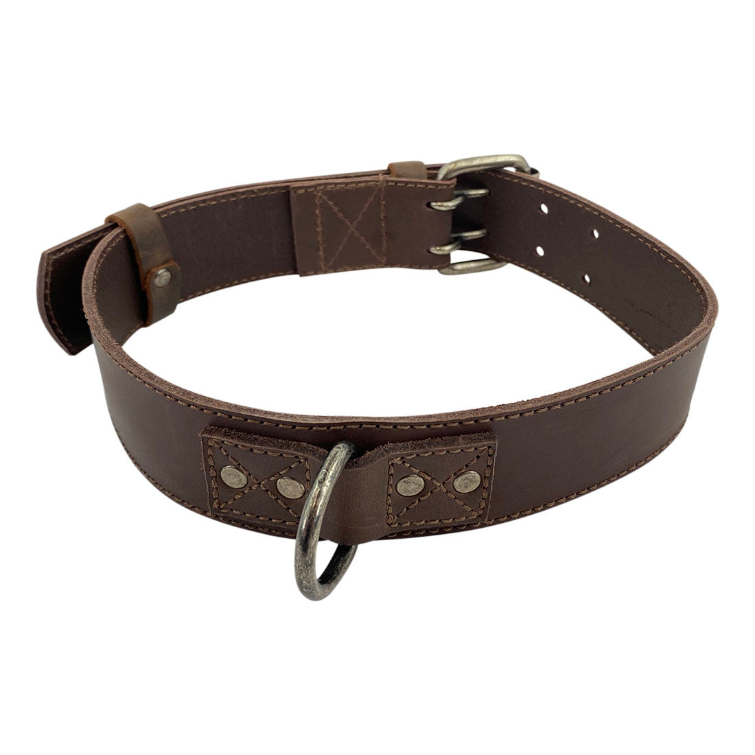 Back view of Taco Dog Dog Collar for large dogs, featuring 7 adjustable holes and a robust design. This durable and soft full grain leather collar represents minimalist style, with heavy duty hardware and hand crafted details, supporting local artisans in La Antigua Guatemala and Oaxaca Mexico.