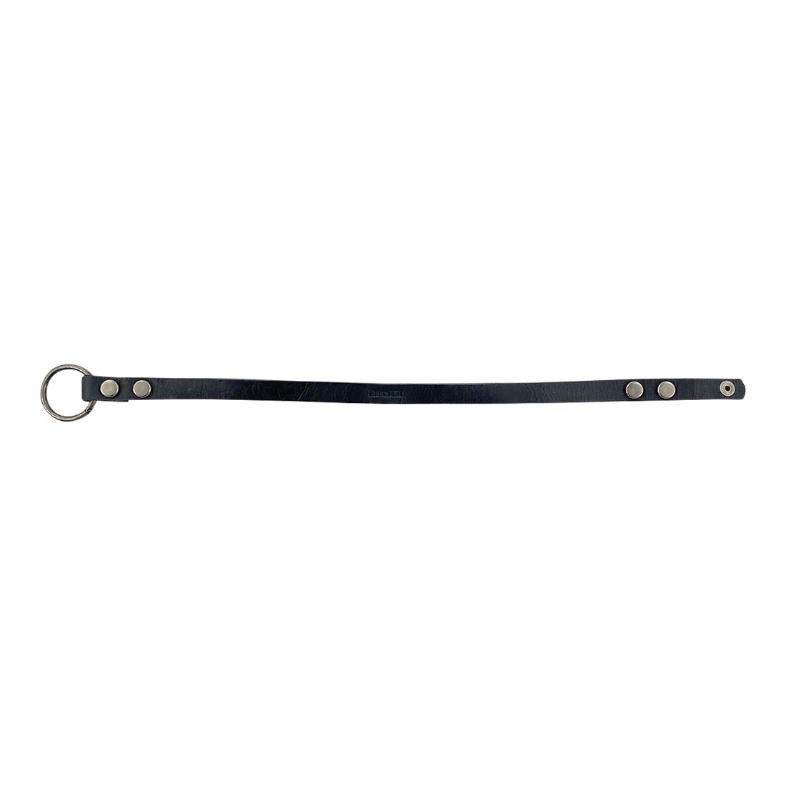 Goth Choker by Hide & Drink displayed in a flat layout, showcasing its elegant black leather and sturdy metal ring, ideal for those who appreciate distinctive, handmade accessories. Goth Choker - Stylish Necklace, Trendy Accessory, Soft, Durable Collar - Punk Style with Metal Ring and Hardware, Adjustable, Full Grain Leather, StockyardX, Small Batch Production, Hand Cut, Hand Sewn, Fire Branded, Artisan, Handmade in La Antigua Guatemala & Oaxaca Mexico.