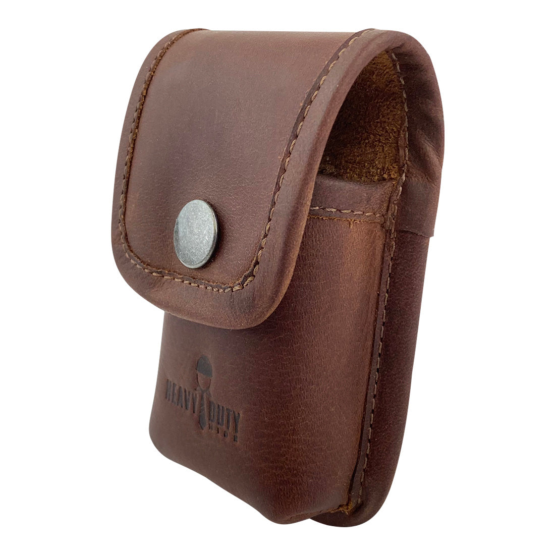 Side angle of Heavy Duty Hide Multitool Sheath displaying its compact structure and secure button snap closure. This handmade belt holster tool pouch is crafted from premium full grain leather, perfect for carrying tools on your hip for easy job access. Artisan-made in La Antigua Guatemala.