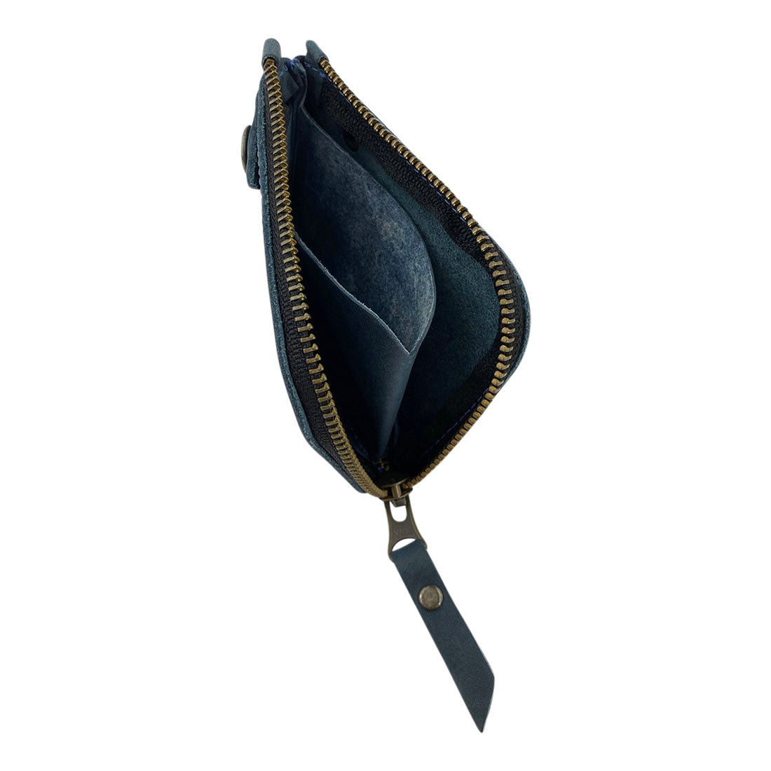 Interior view of the blue Lion's Mane Zippered Wallet by Hide & Drink, demonstrating its multi-functional design as a pouch organizer for cards and cash.