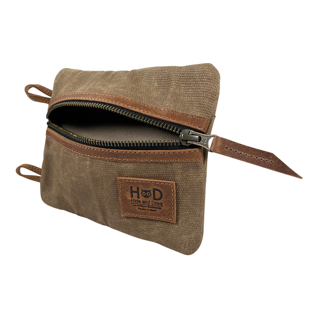 Side view of the Multi-tool Pocket Pouch - XL by Hide & Drink, emphasizing the zippered pocket and quality craftsmanship of this compact bag designed for outdoor enthusiasts. Multi-Tool Pocket Pouch XL, Mini Camping Tool Case, Handmade Slim Organizer, Waxed Canvas, StockyardX, Small Batch Production, Artisan, Handmade in La Antigua Guatemala & Oaxaca Mexico.