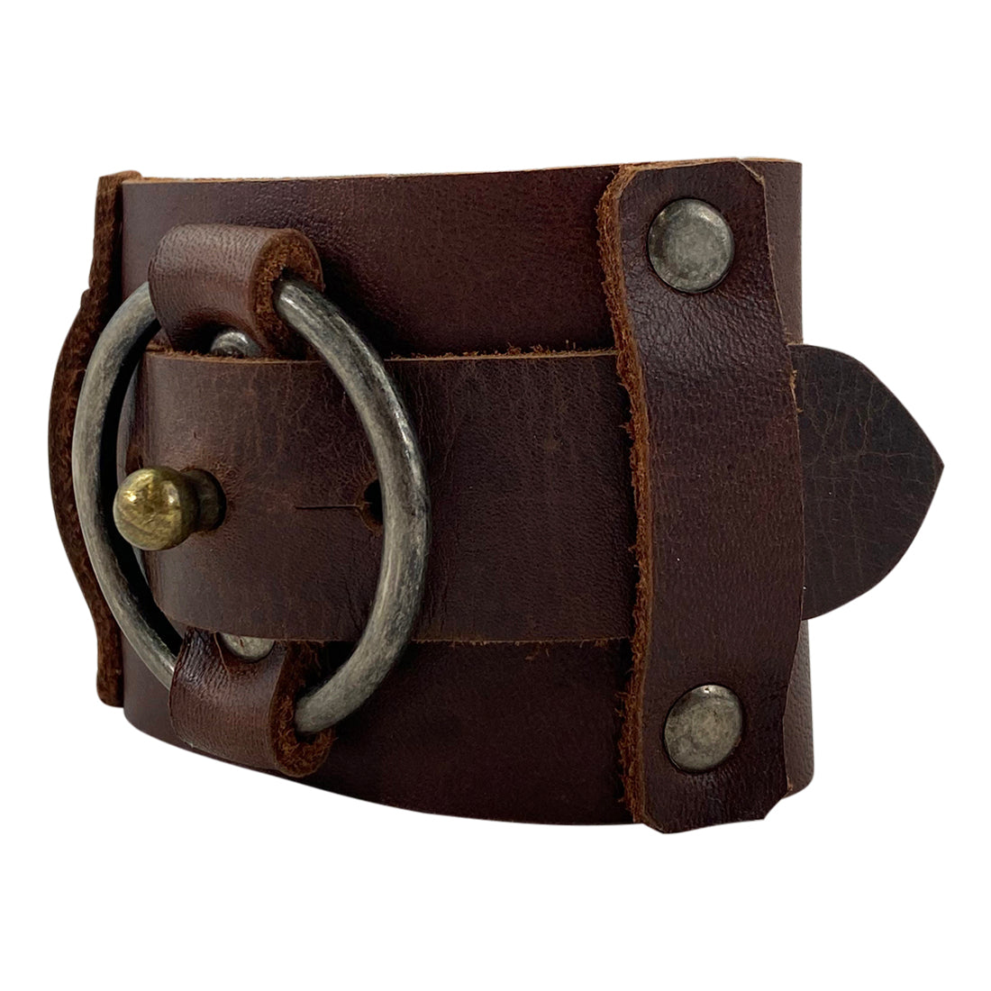 Side view of the Hide & Drink Wristband demonstrating its robust ring decoration and unique construction. This fashionable Wristband with Ring Decoration Full Grain Leather represents StockyardX's commitment to small batch production. Each item is meticulously hand cut, hand sewn, and fire branded, highlighting the artisan craftsmanship from La Antigua Guatemala & Oaxaca Mexico.