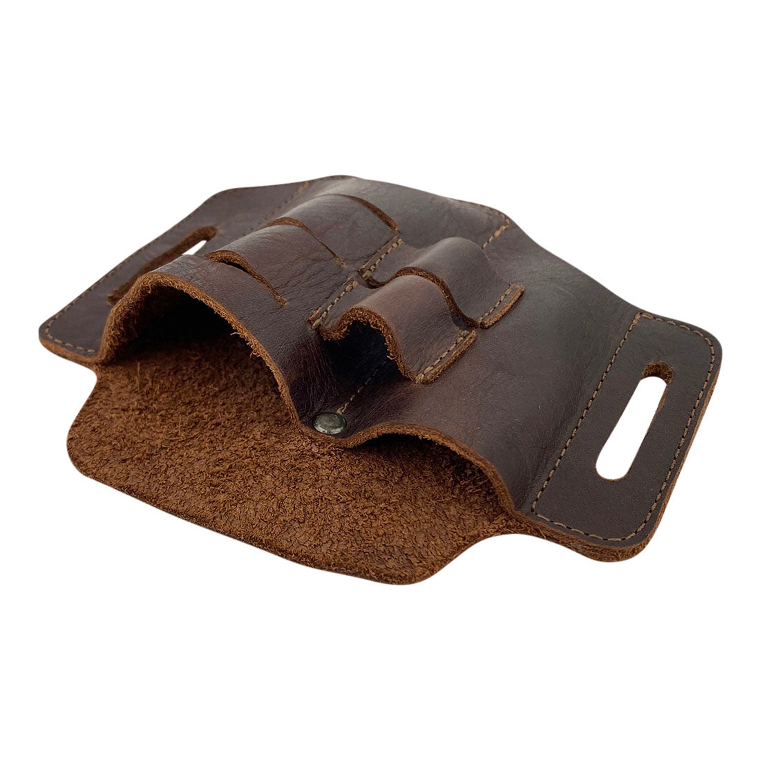 Open view of the Urban Tactical Tool Holster by Hide & Drink, illustrating its spacious interior for various tools. This Urban Tactical Tool Holster - Durable Accessory for Carrying Tools with Easy Belt Attachment - Great for Multi-Tool, Pliers, Flashlight, combines practical design with fine craftsmanship, handmade in La Antigua Guatemala & Oaxaca Mexico.